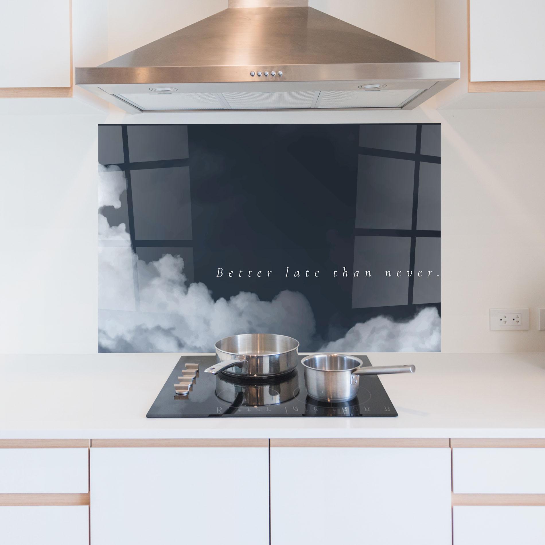 Küchenrückwand Glas Clouds Text Black mockup 5