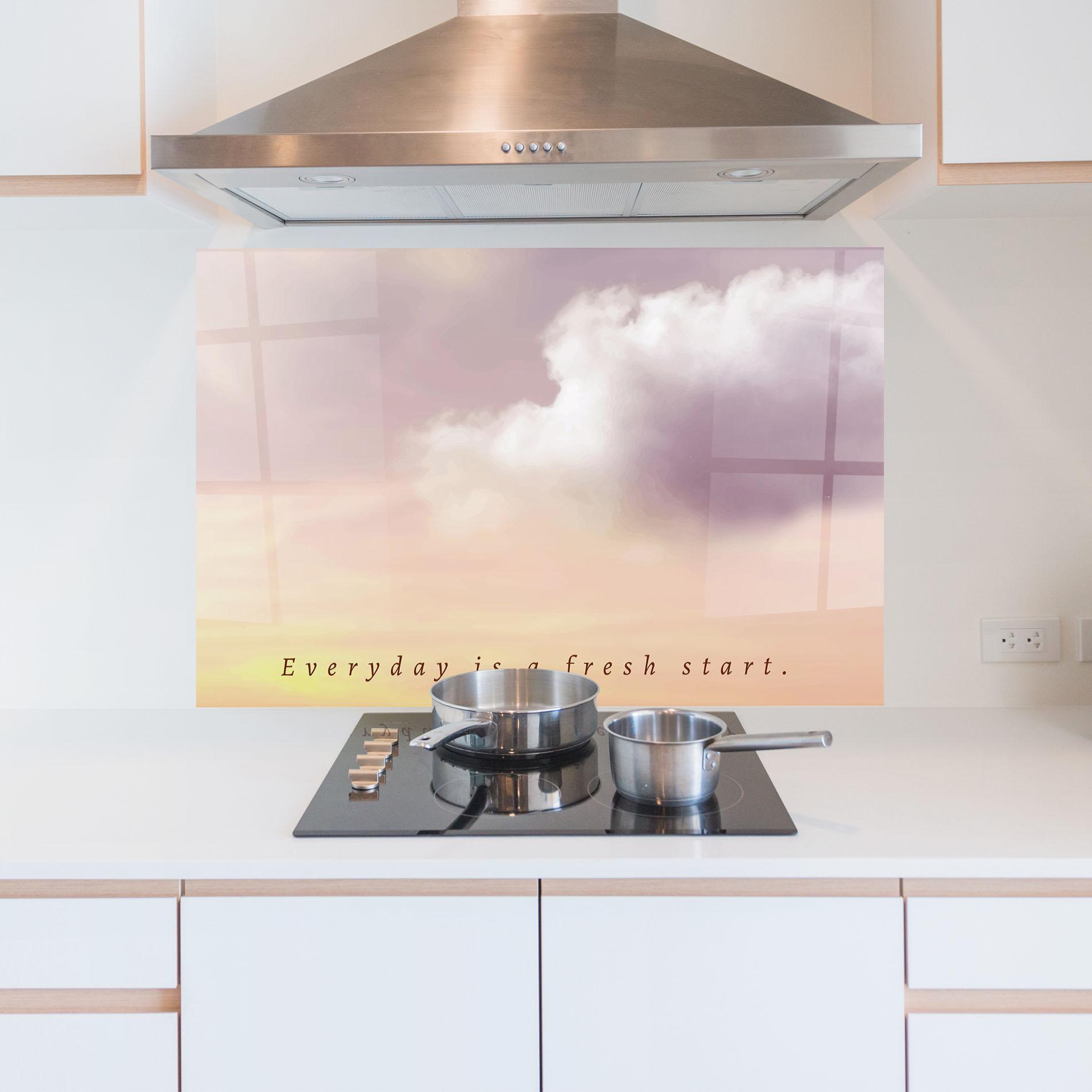 Küchenrückwand Glas Clouds Text Cream mockup 5