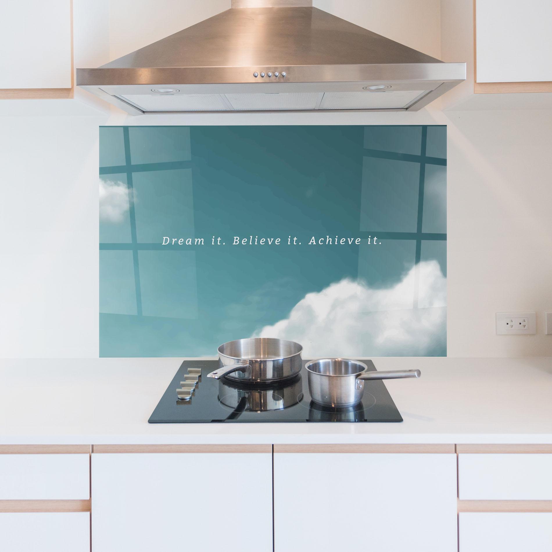 Küchenrückwand Glas Clouds Text Green mockup 5