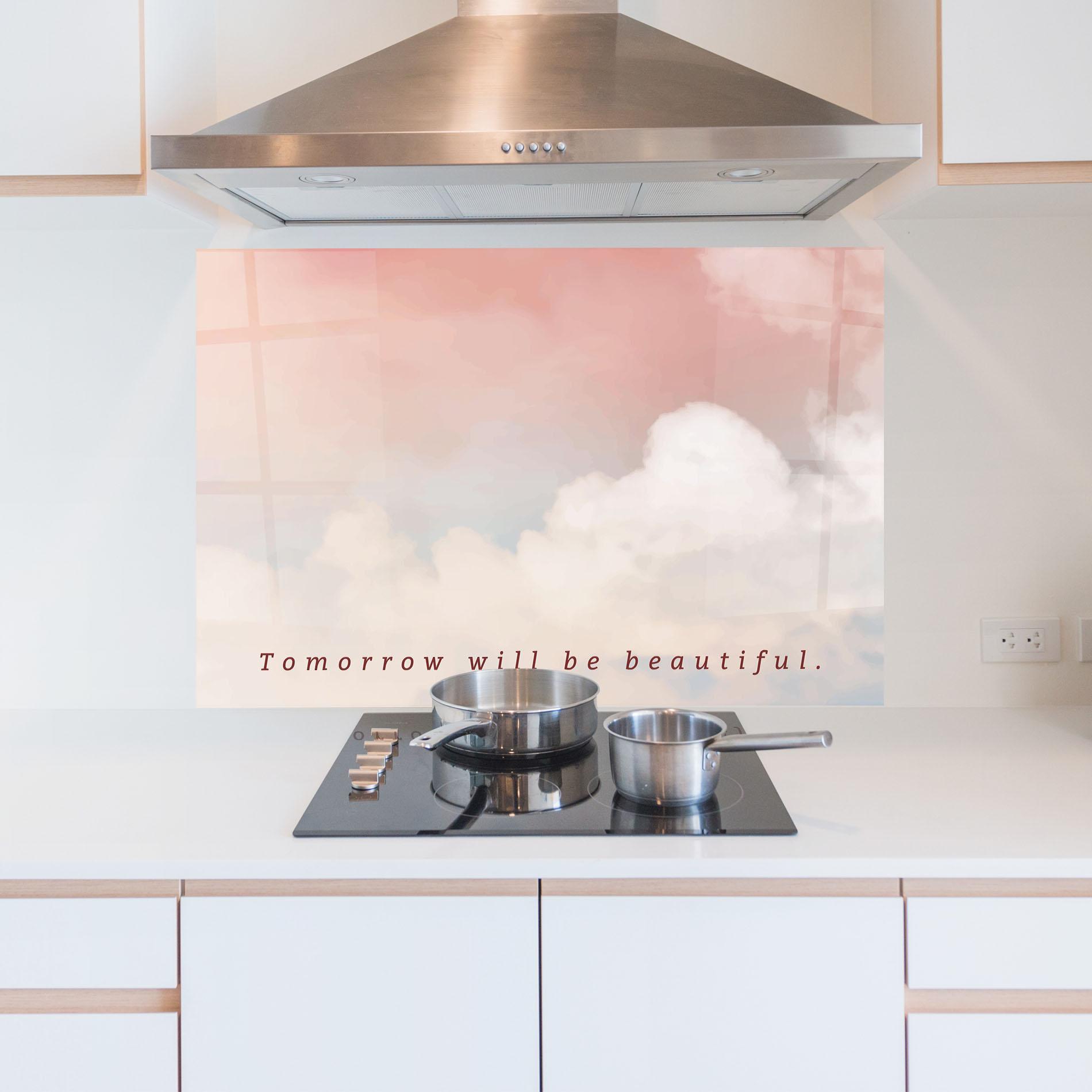 Küchenrückwand Glas Clouds Text Pink Blue mockup 5