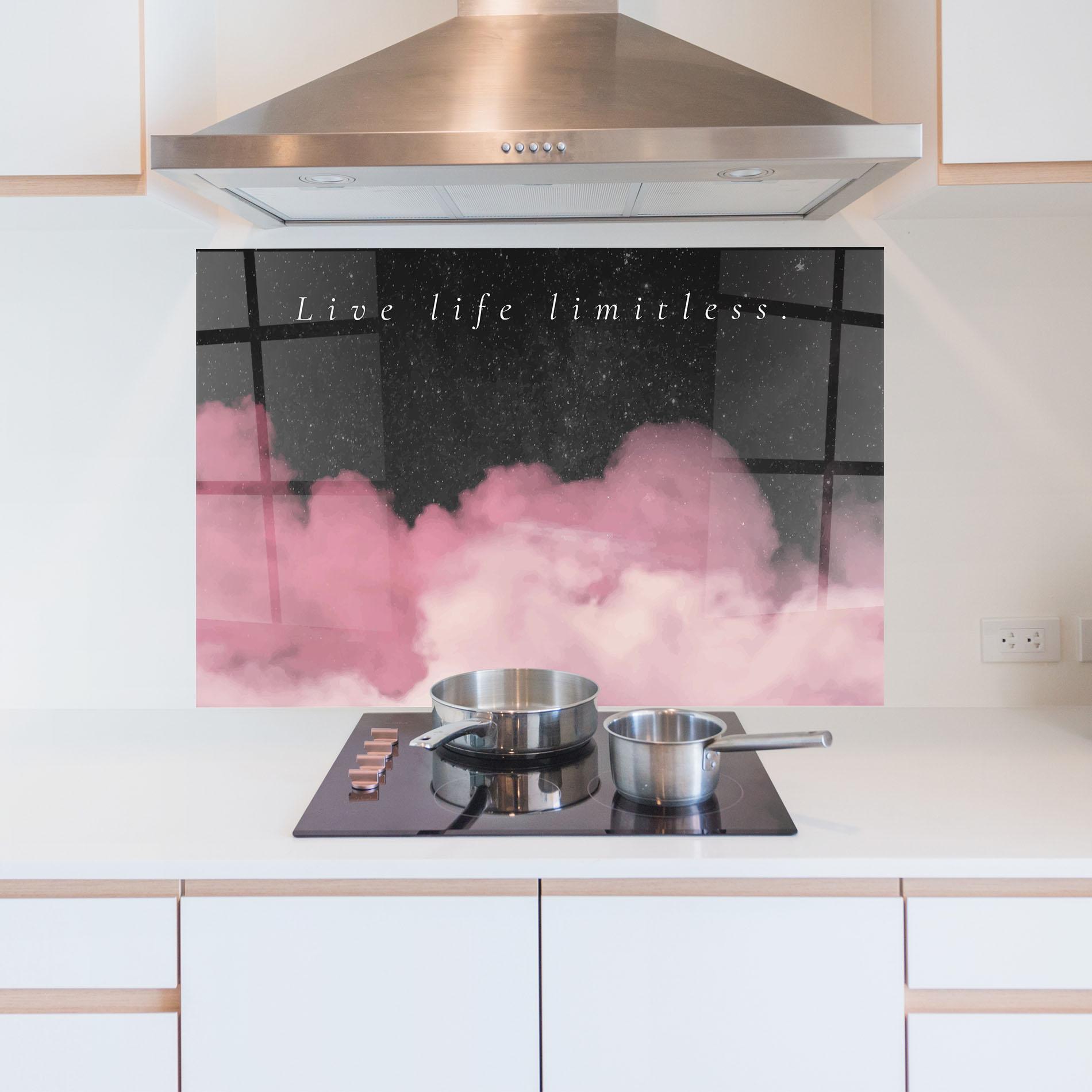 Küchenrückwand Glas Clouds Text Pink mockup 5