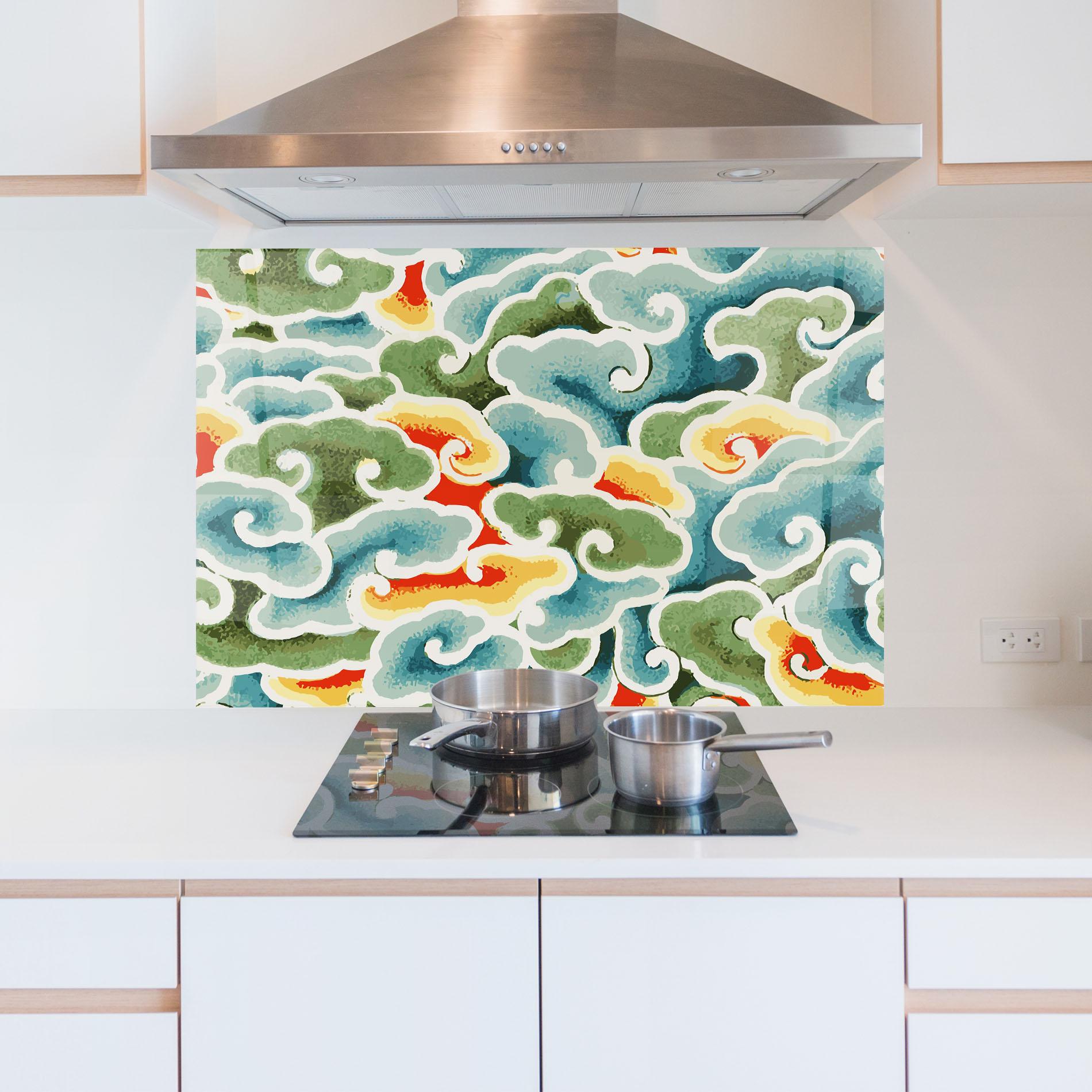 Küchenrückwand Glas Green Blue Clouds mockup 5