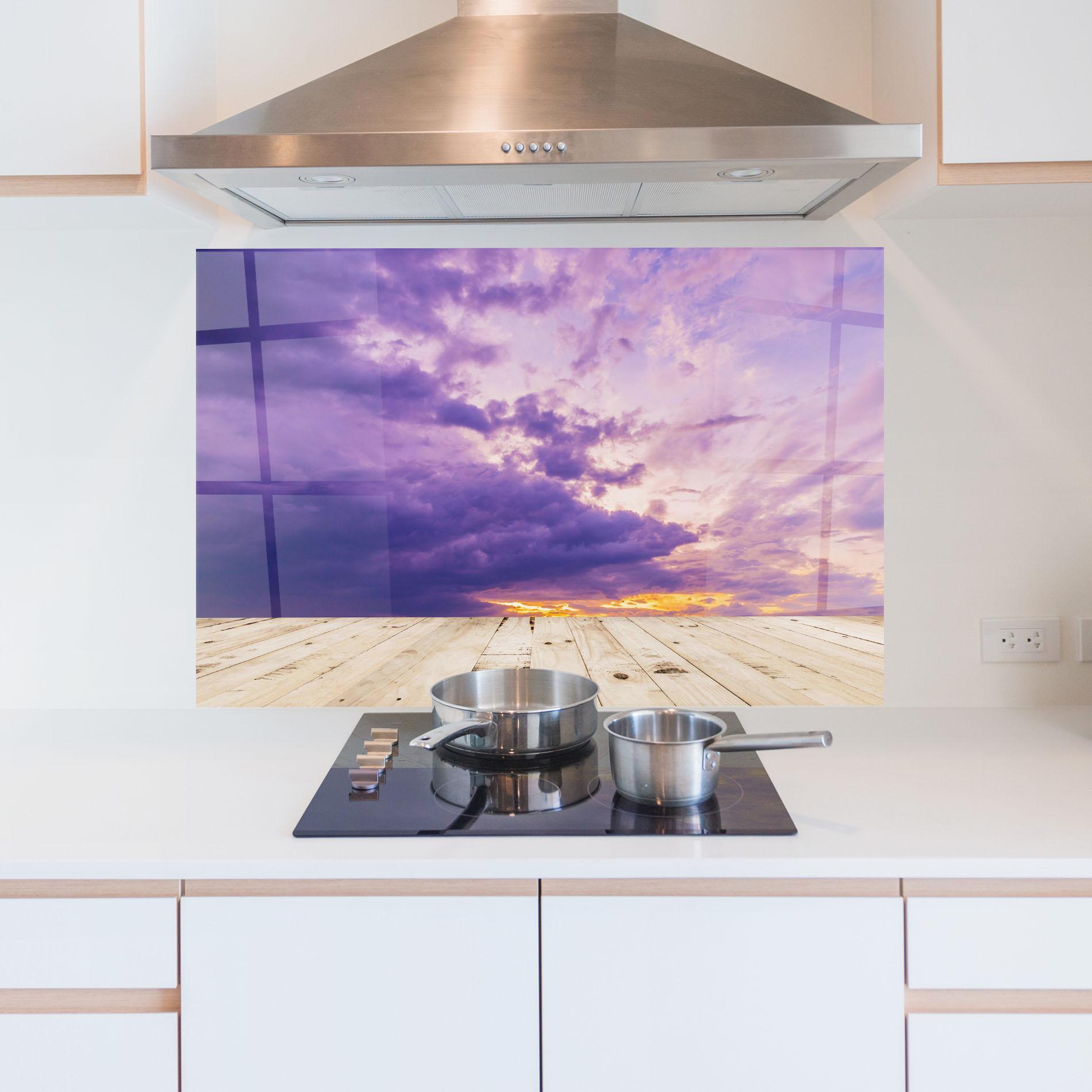 Küchenrückwand Glas Wood Table Clouds mockup 5