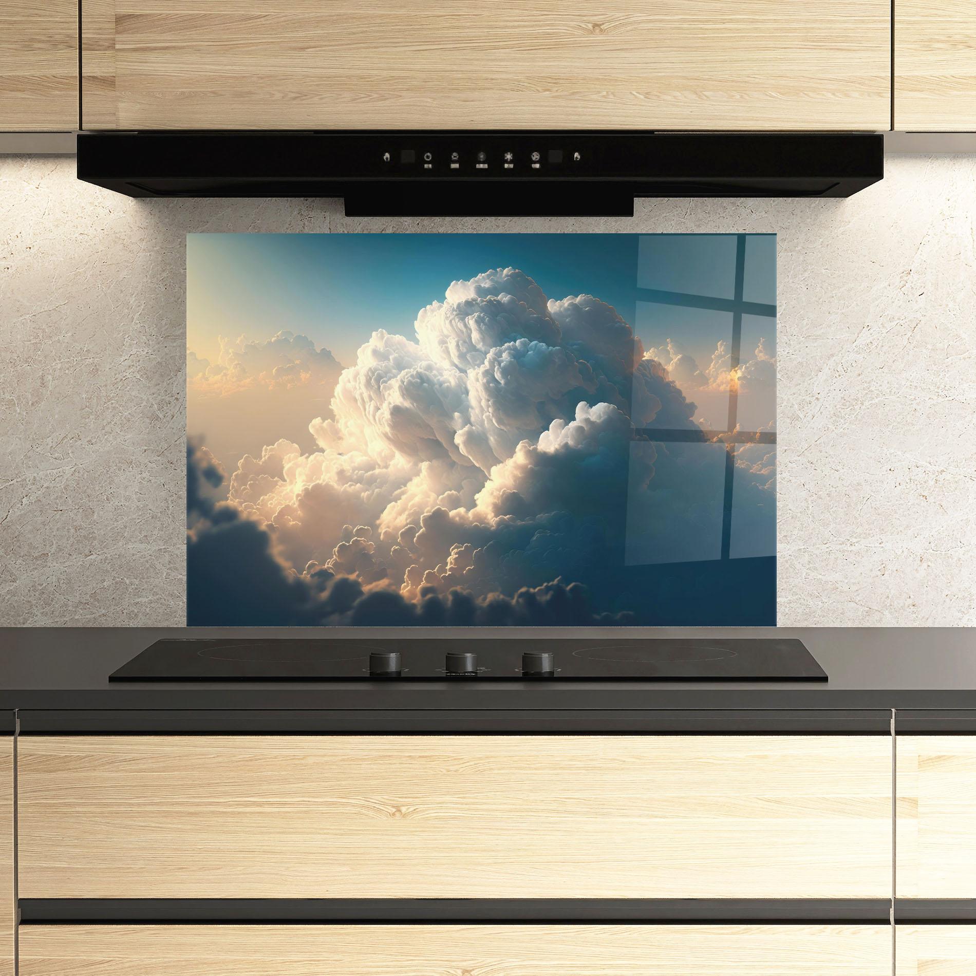 Küchenrückwand Glas Big Puffy Clouds mockup 3