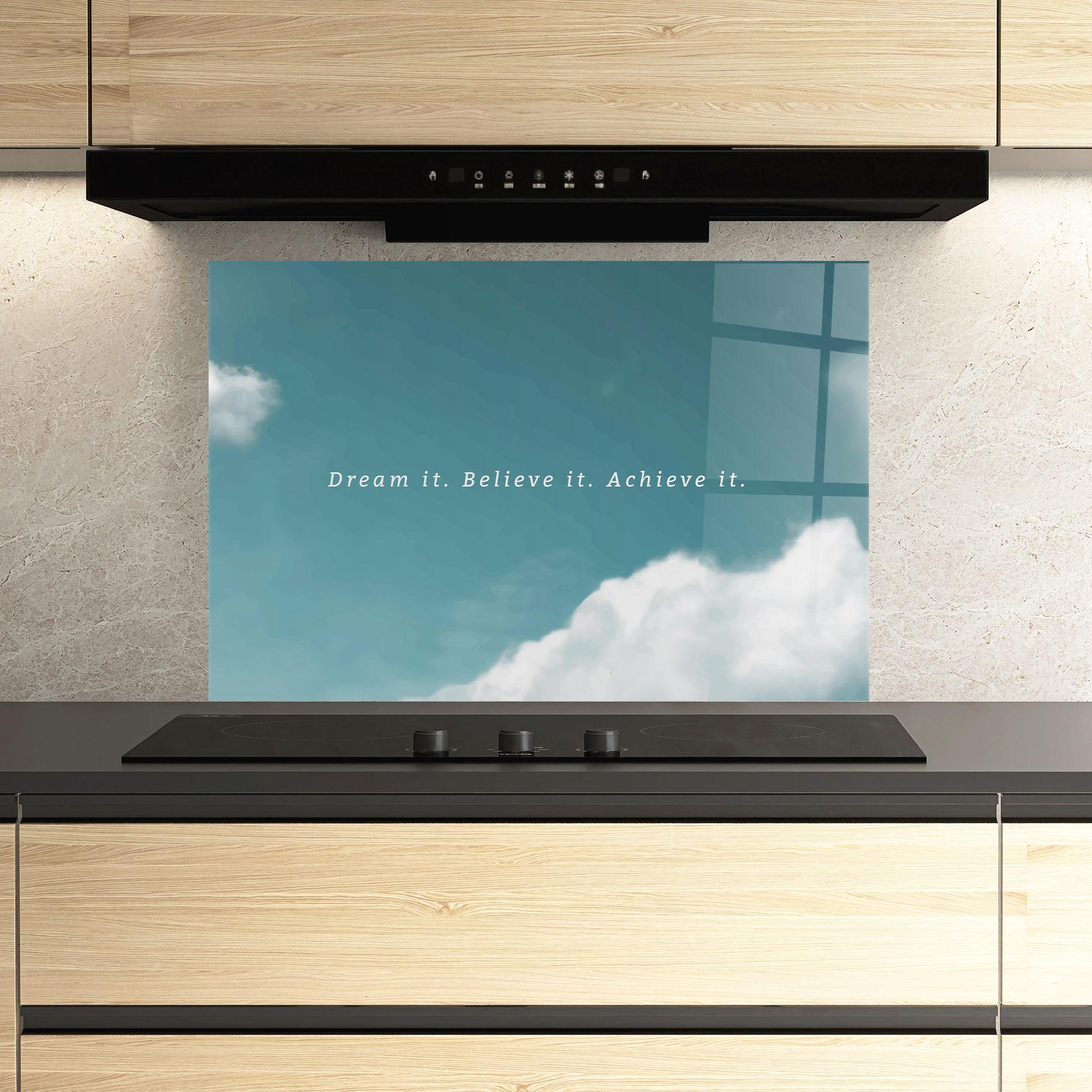 Küchenrückwand Glas Clouds Text Green mockup 3