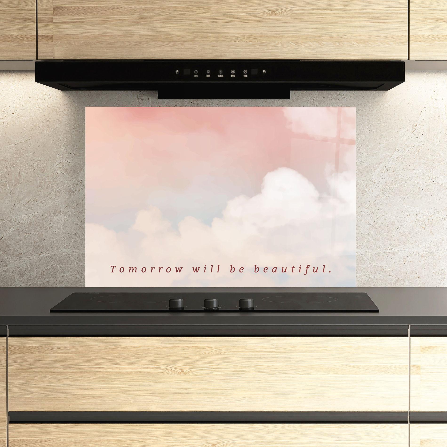 Küchenrückwand Glas Clouds Text Pink Blue mockup 3