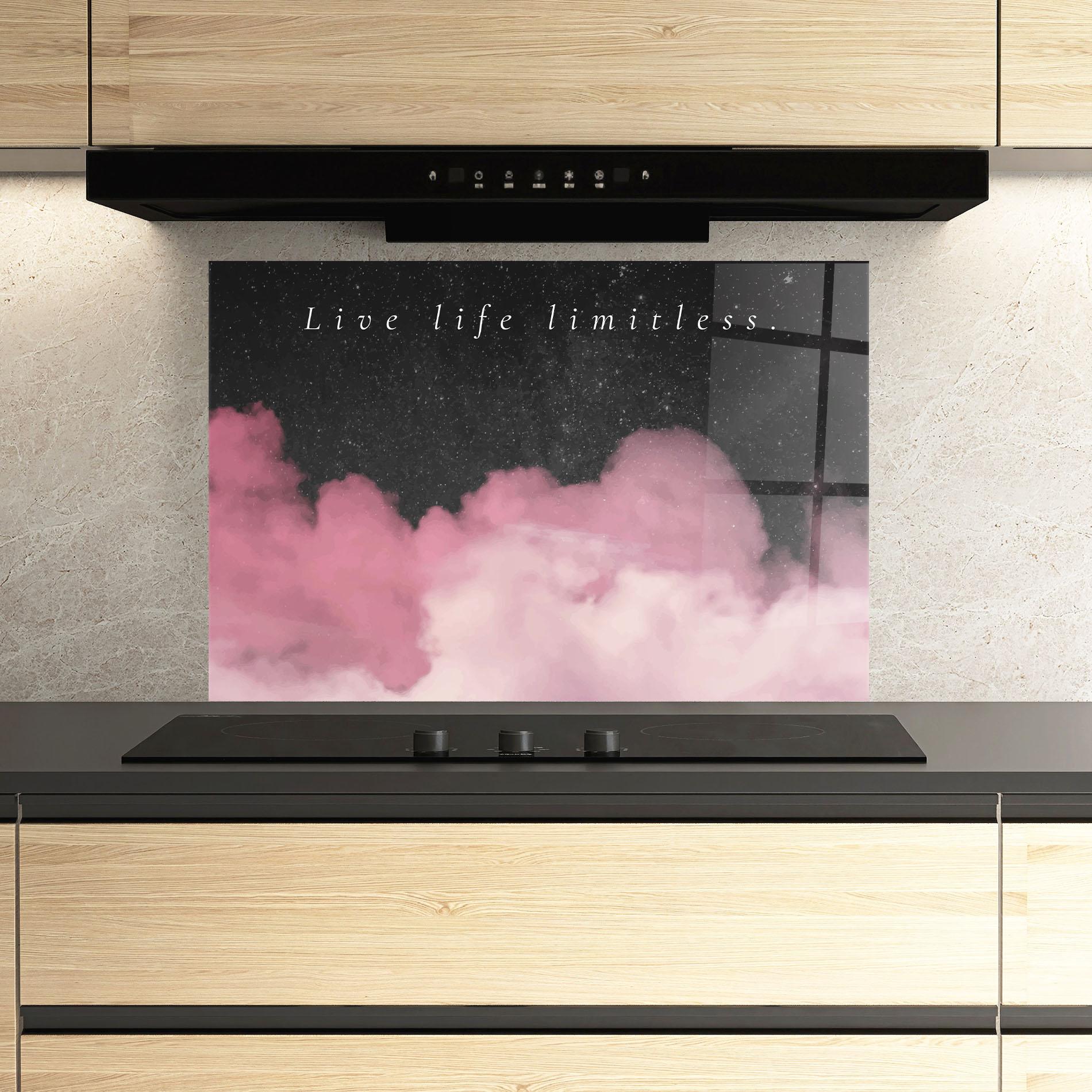 Küchenrückwand Glas Clouds Text Pink mockup 3