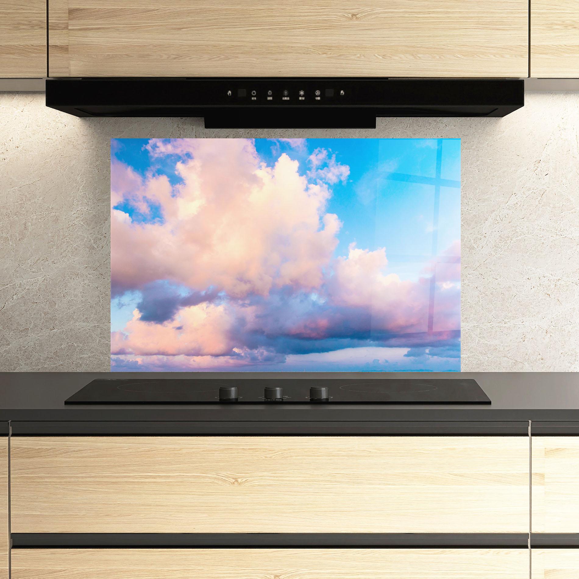 Küchenrückwand Glas Dreamy Pink Clouds mockup 3