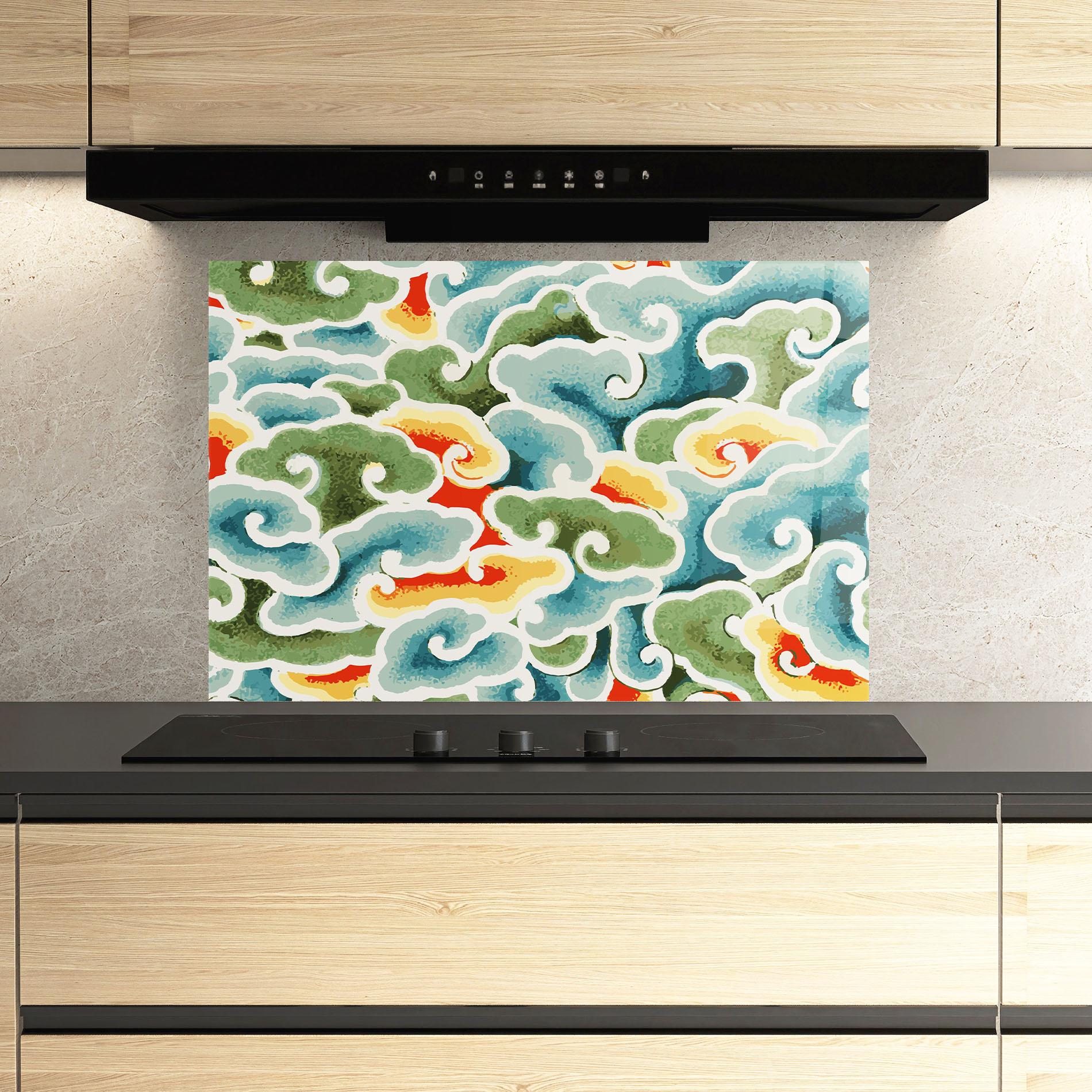 Küchenrückwand Glas Green Blue Clouds mockup 3