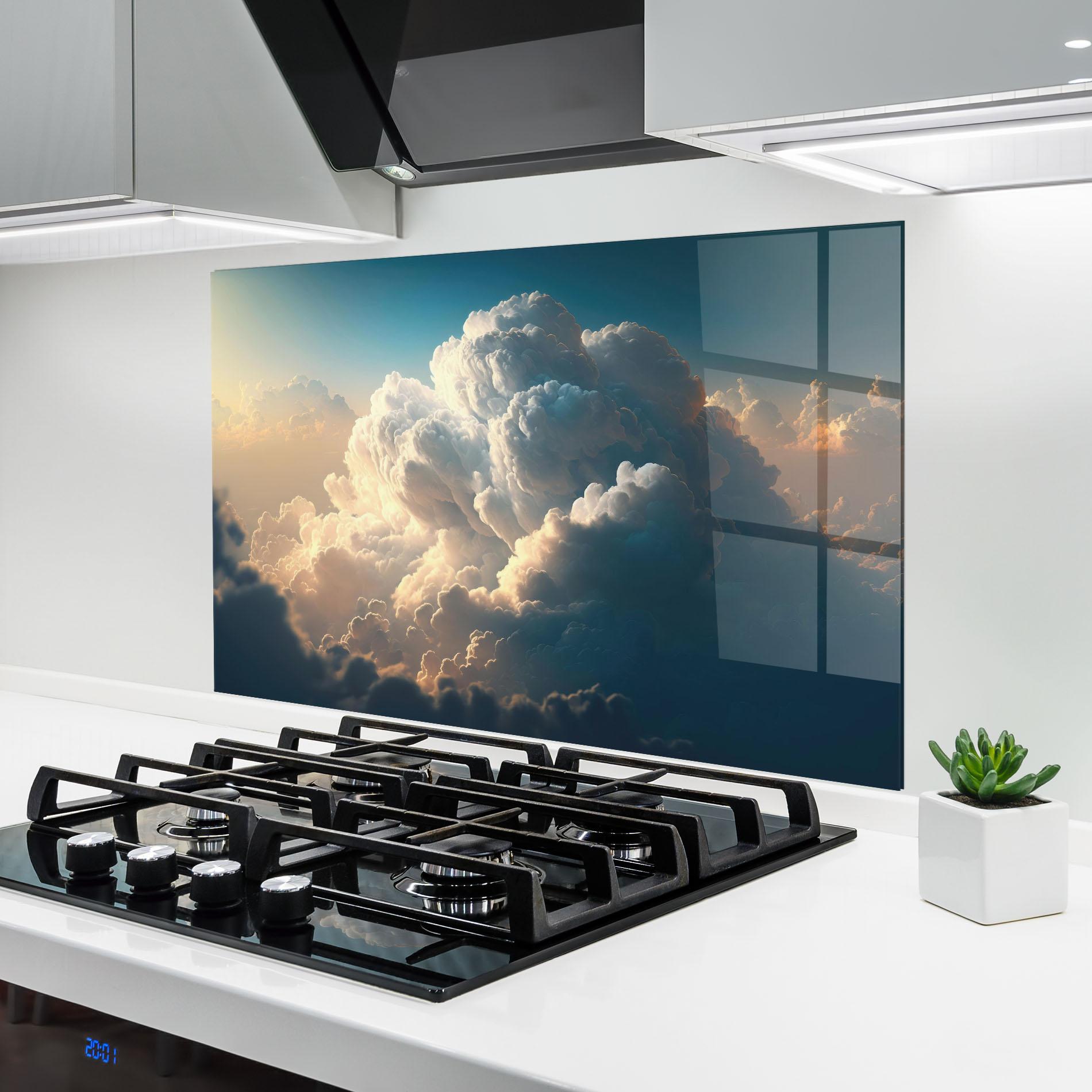 Küchenrückwand Glas Big Puffy Clouds mockup 6