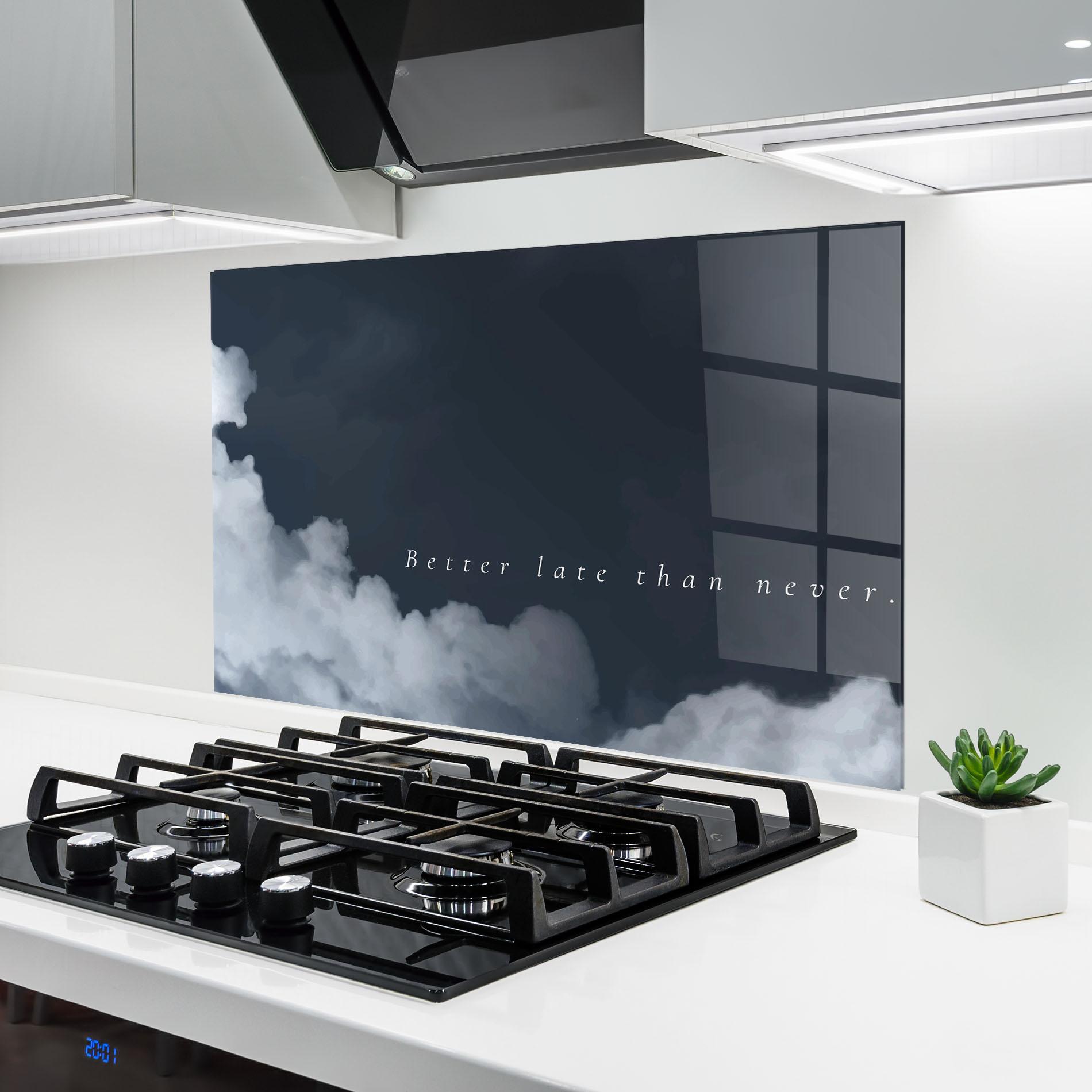 Küchenrückwand Glas Clouds Text Black mockup 6