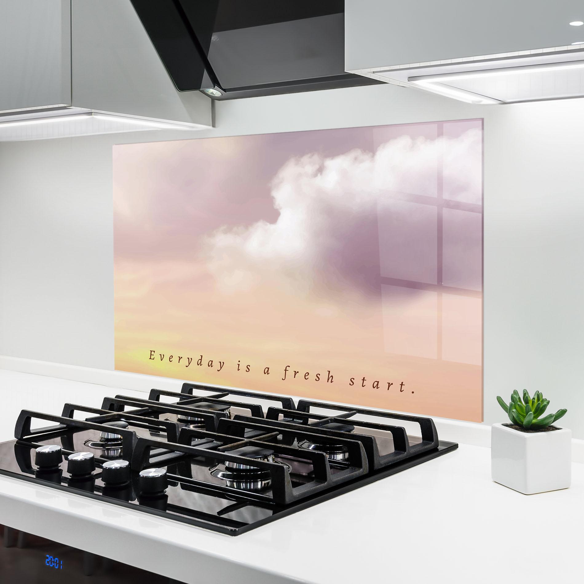 Küchenrückwand Glas Clouds Text Cream mockup 6