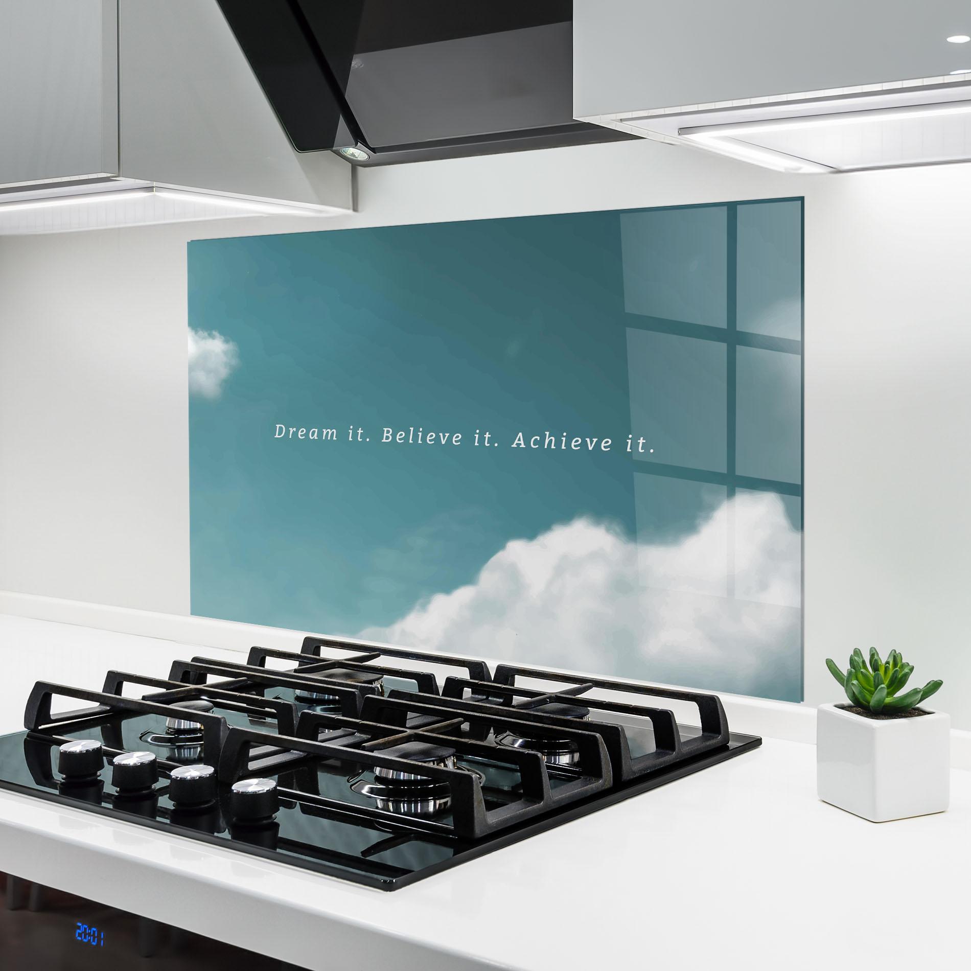 Küchenrückwand Glas Clouds Text Green mockup 6