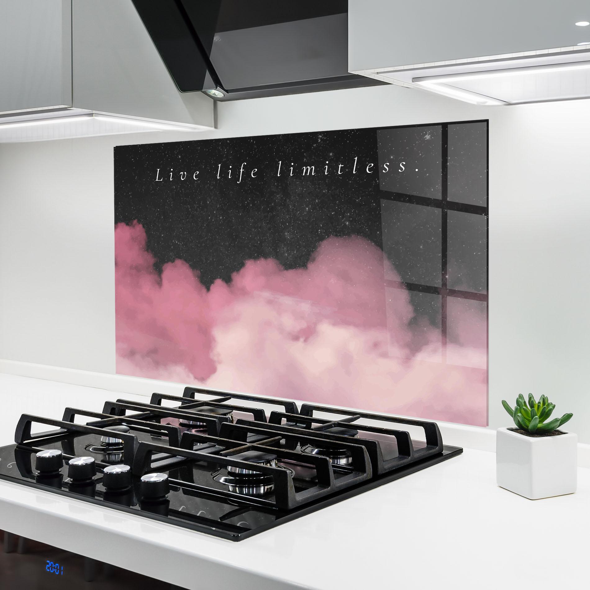 Küchenrückwand Glas Clouds Text Pink mockup 6