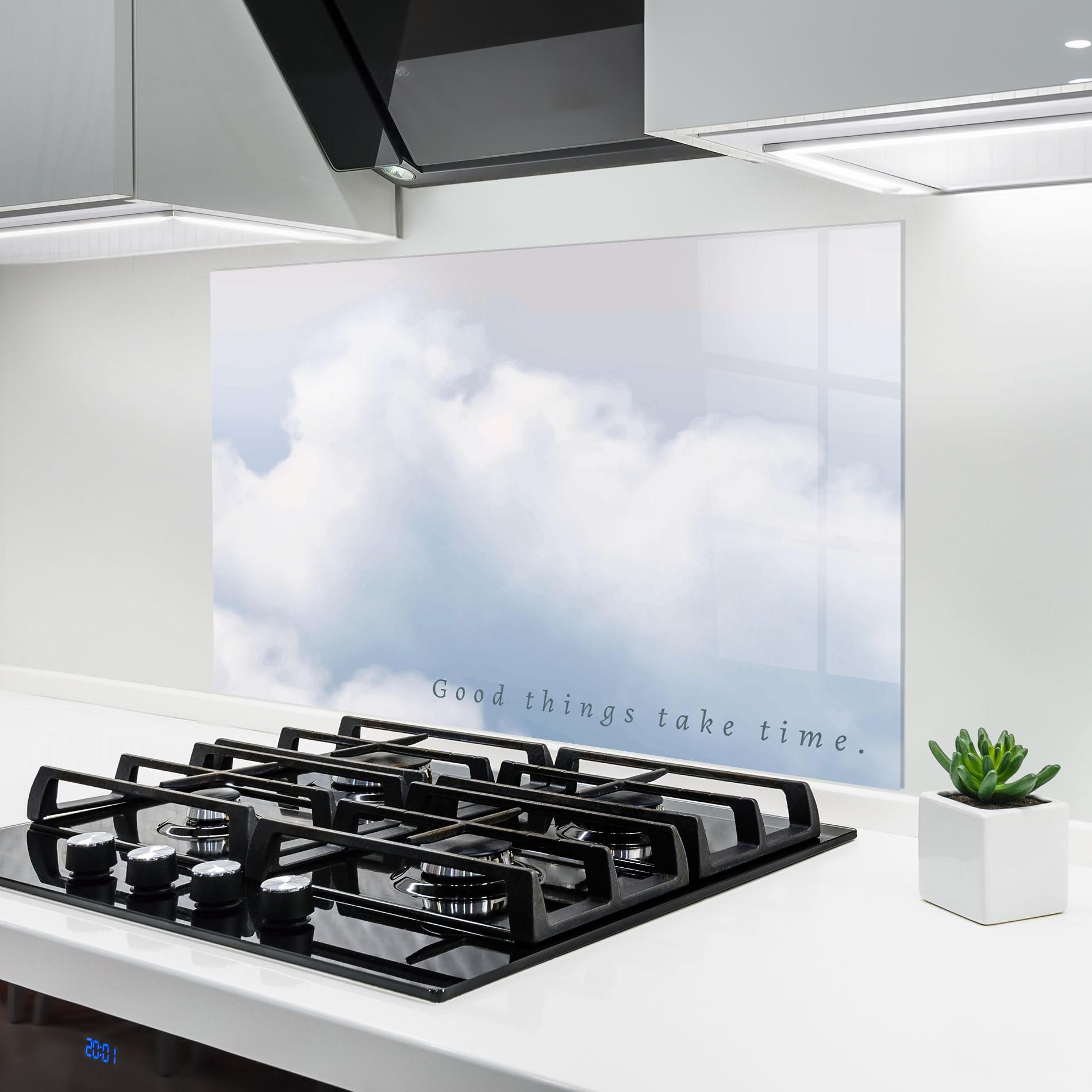 Küchenrückwand Glas Clouds Text White mockup 6