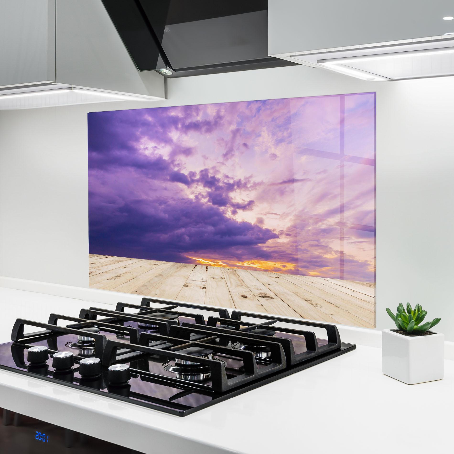 Küchenrückwand Glas Wood Table Clouds mockup 6