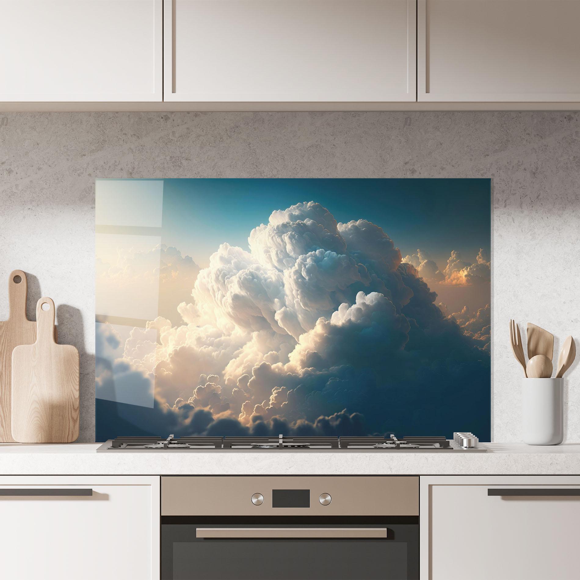 Küchenrückwand Glas Big Puffy Clouds mockup 7
