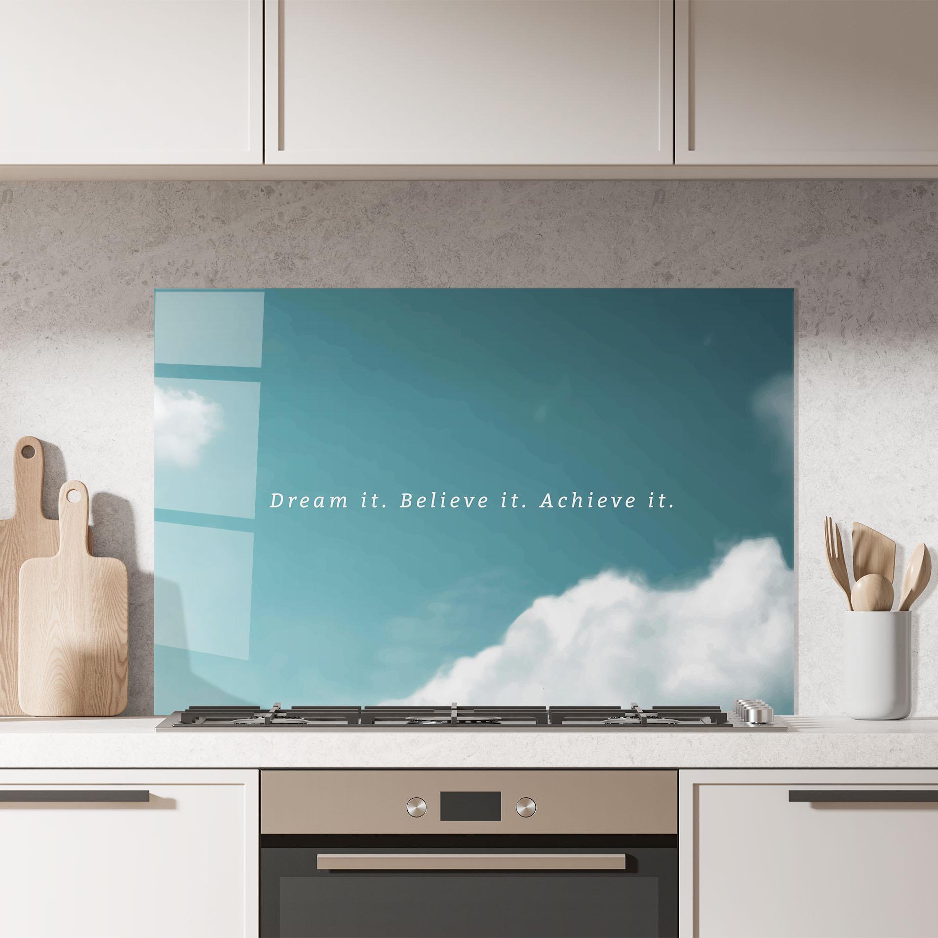 Küchenrückwand Glas Clouds Text Green mockup 7