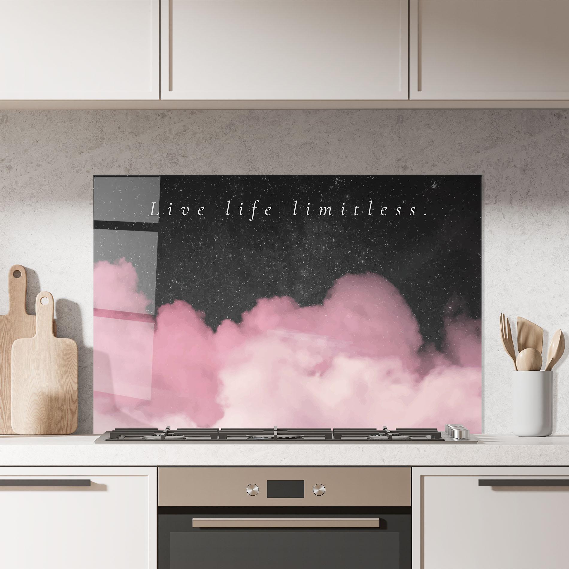 Küchenrückwand Glas Clouds Text Pink mockup 7