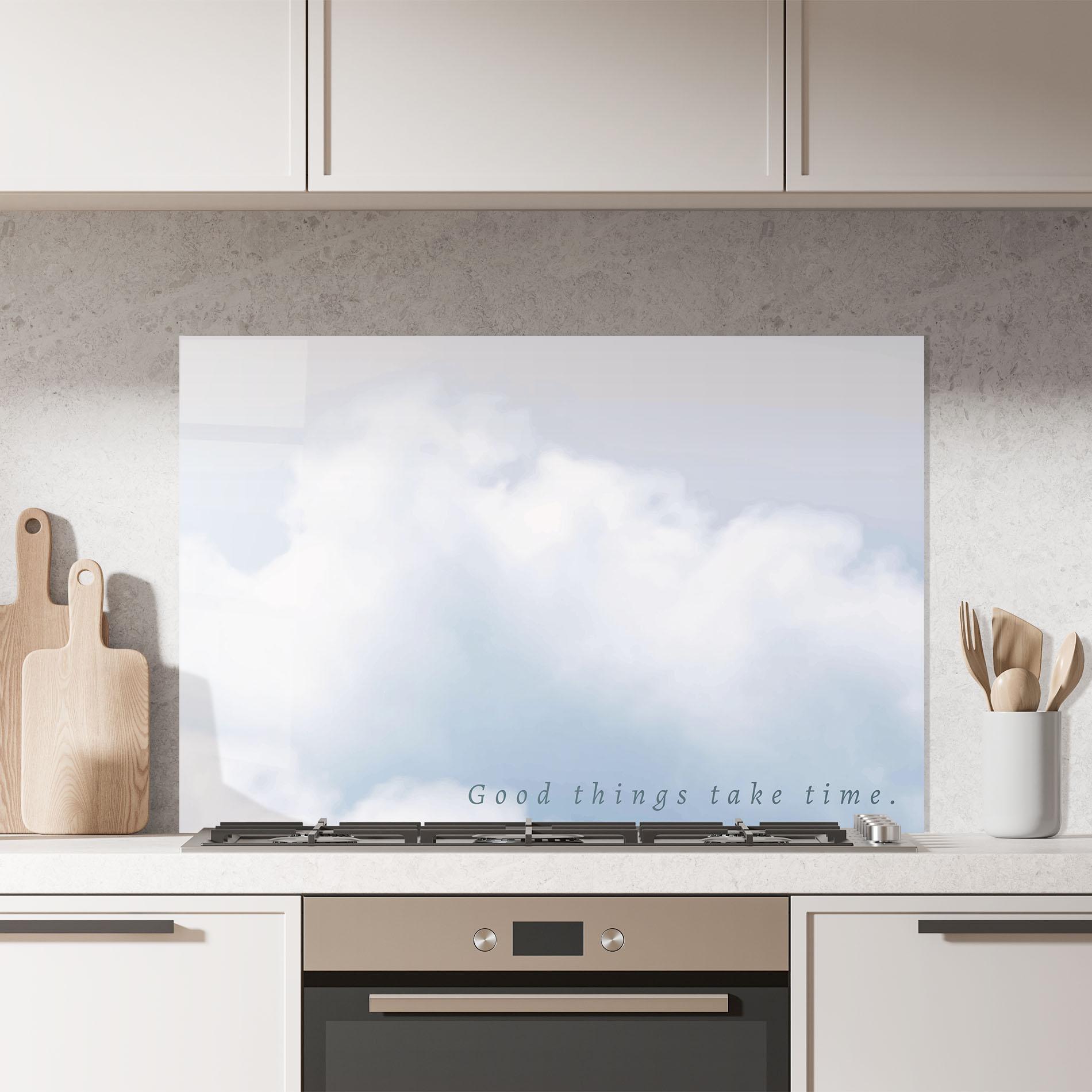 Küchenrückwand Glas Clouds Text White mockup 7