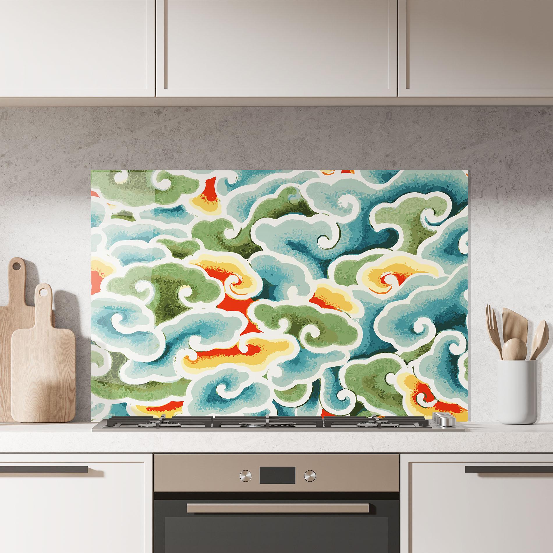 Küchenrückwand Glas Green Blue Clouds mockup 7