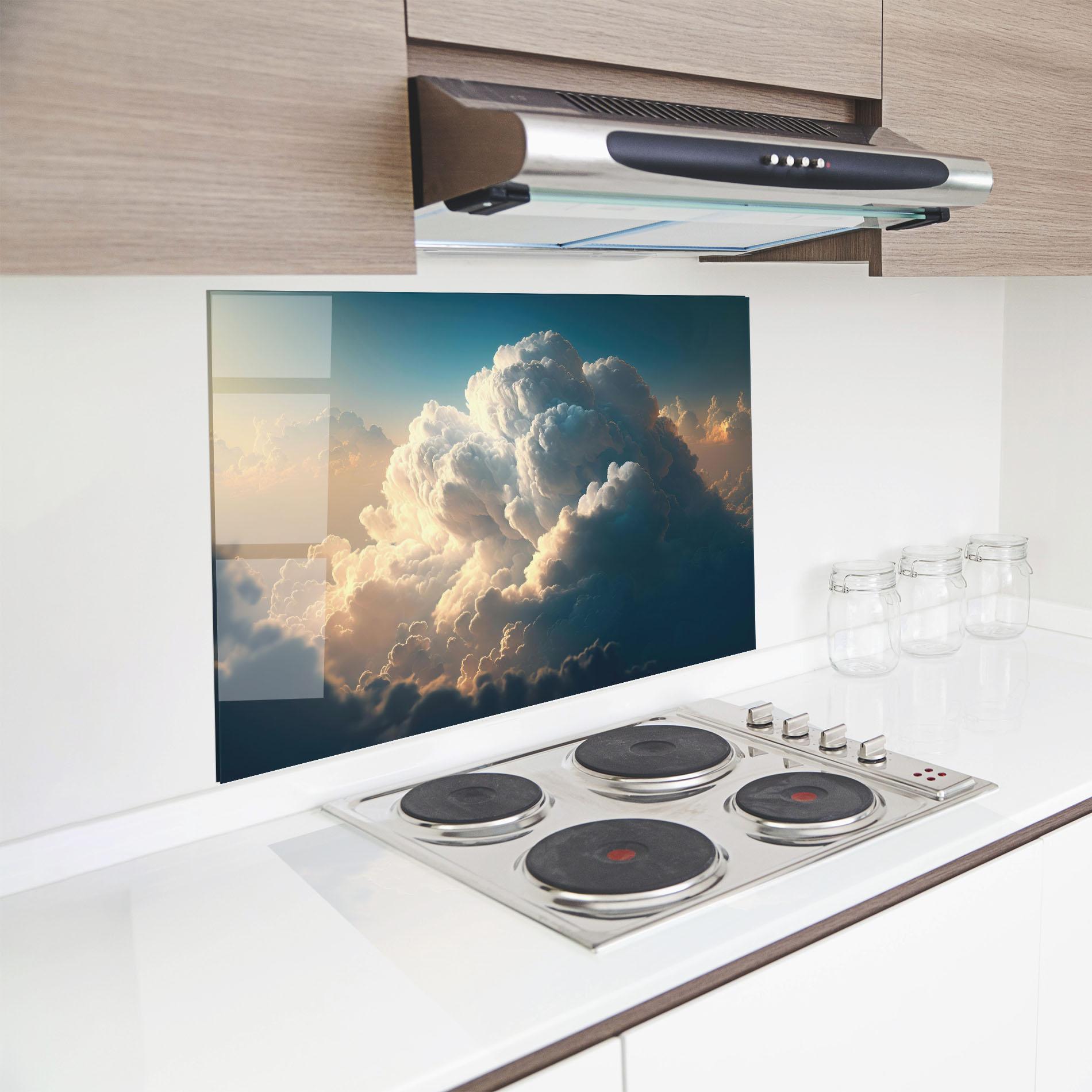 Küchenrückwand Glas Big Puffy Clouds mockup 8