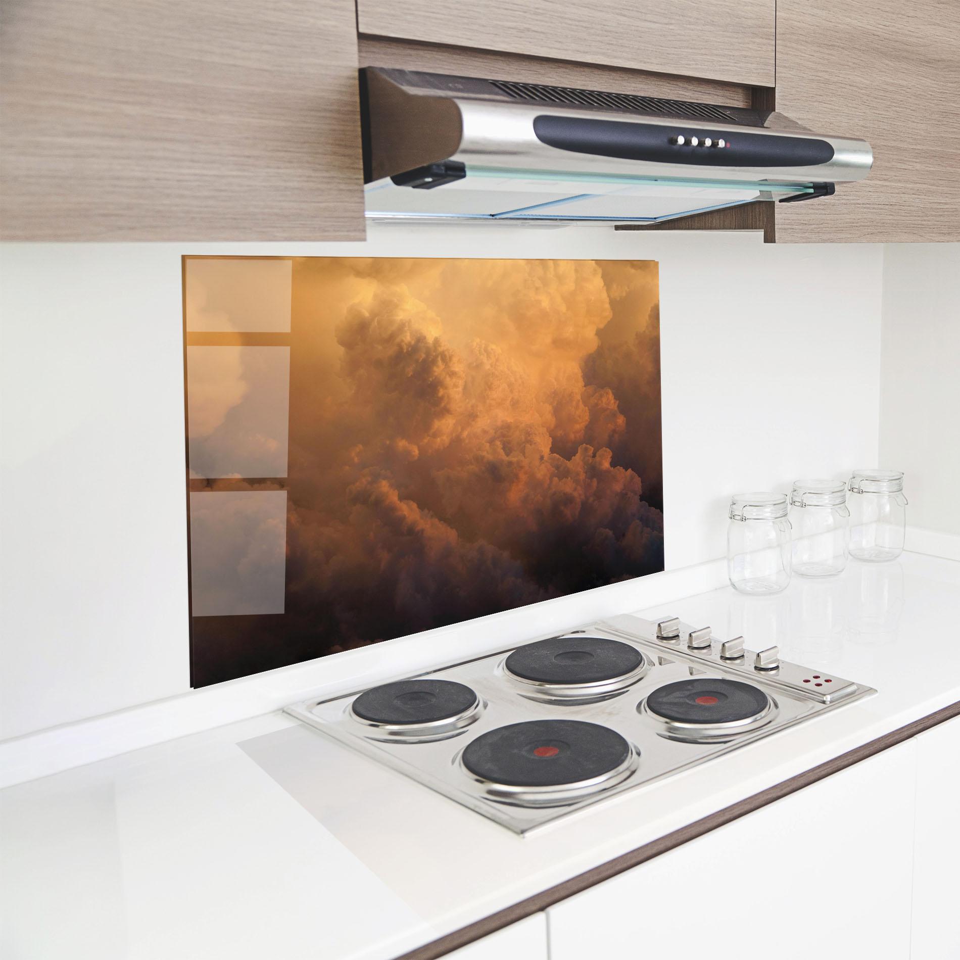 Küchenrückwand Glas Brown Orange Clouds mockup 8