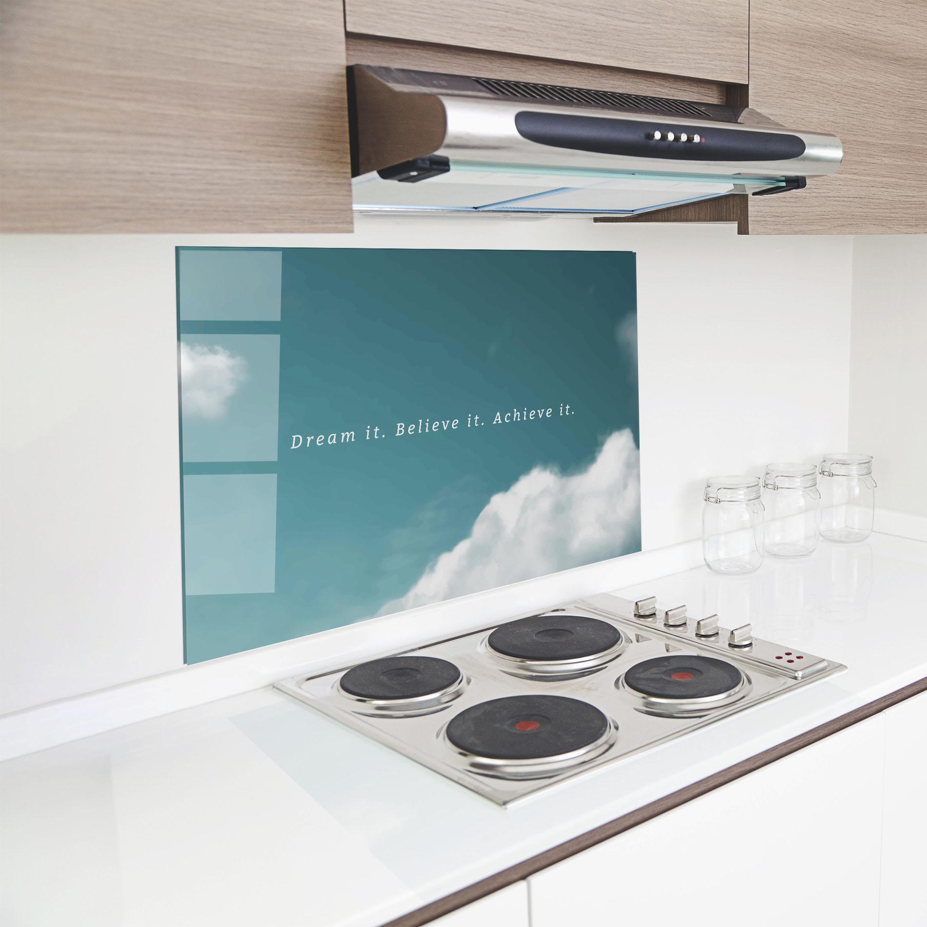 Küchenrückwand Glas Clouds Text Green mockup 8