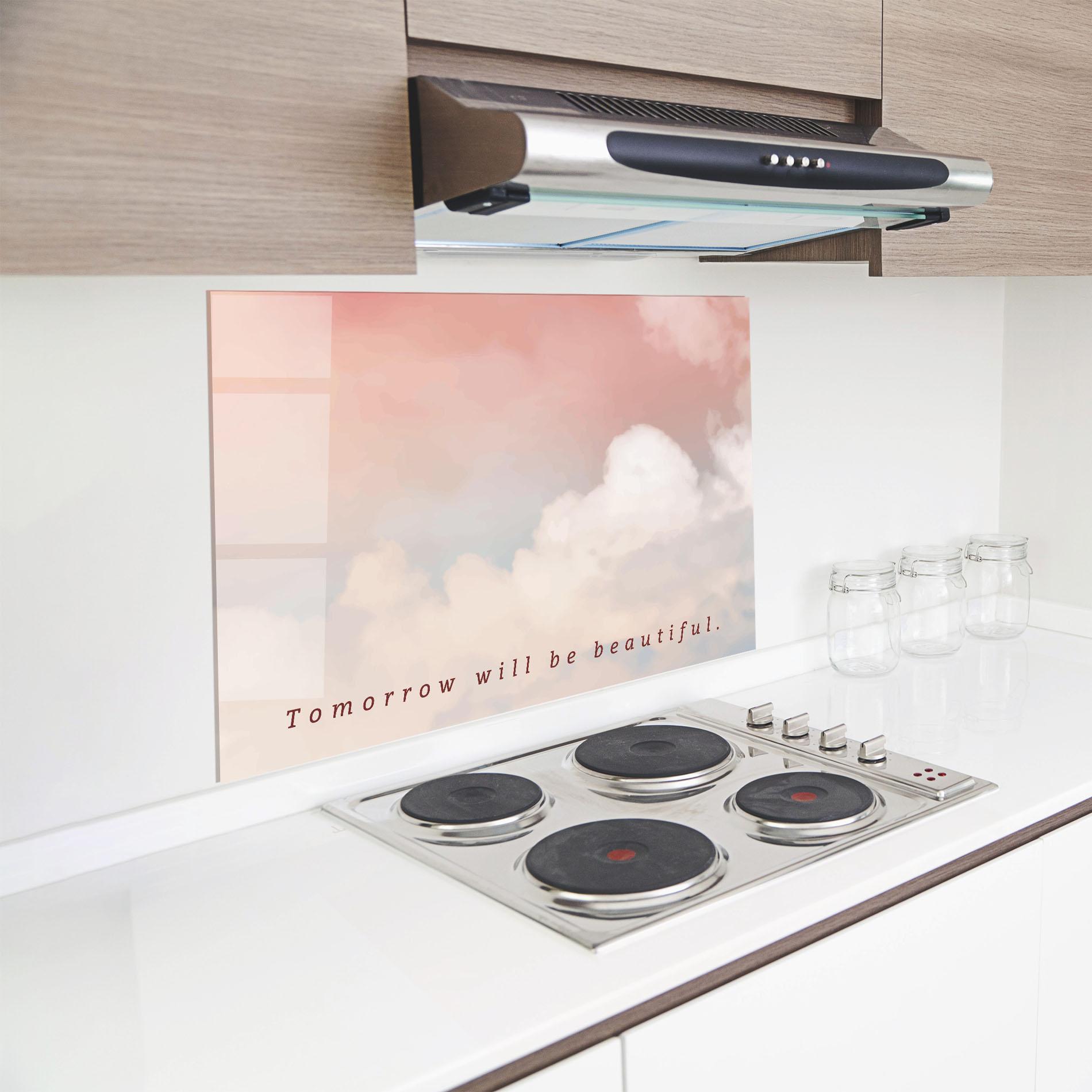 Küchenrückwand Glas Clouds Text Pink Blue mockup 8