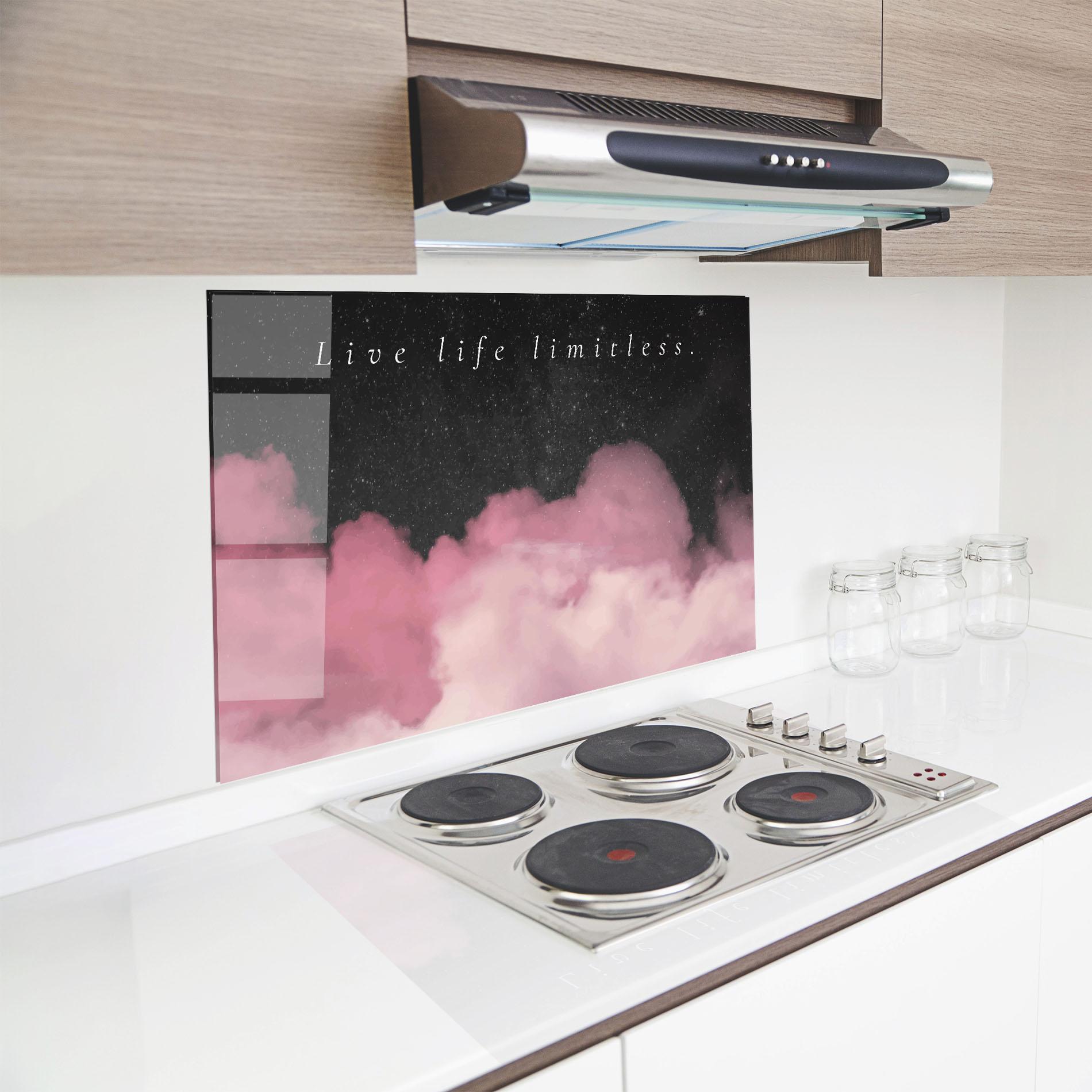 Küchenrückwand Glas Clouds Text Pink mockup 8