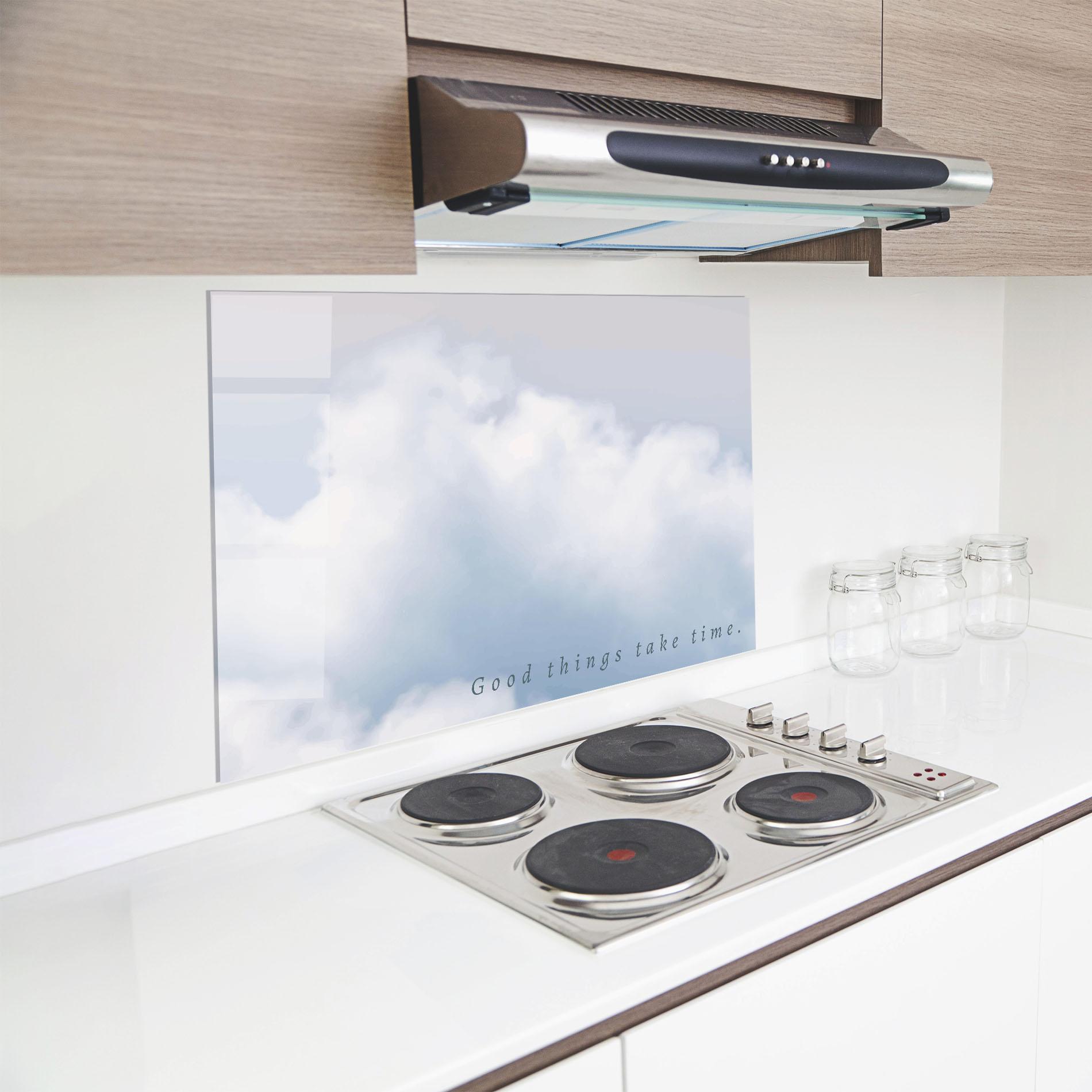 Küchenrückwand Glas Clouds Text White mockup 8