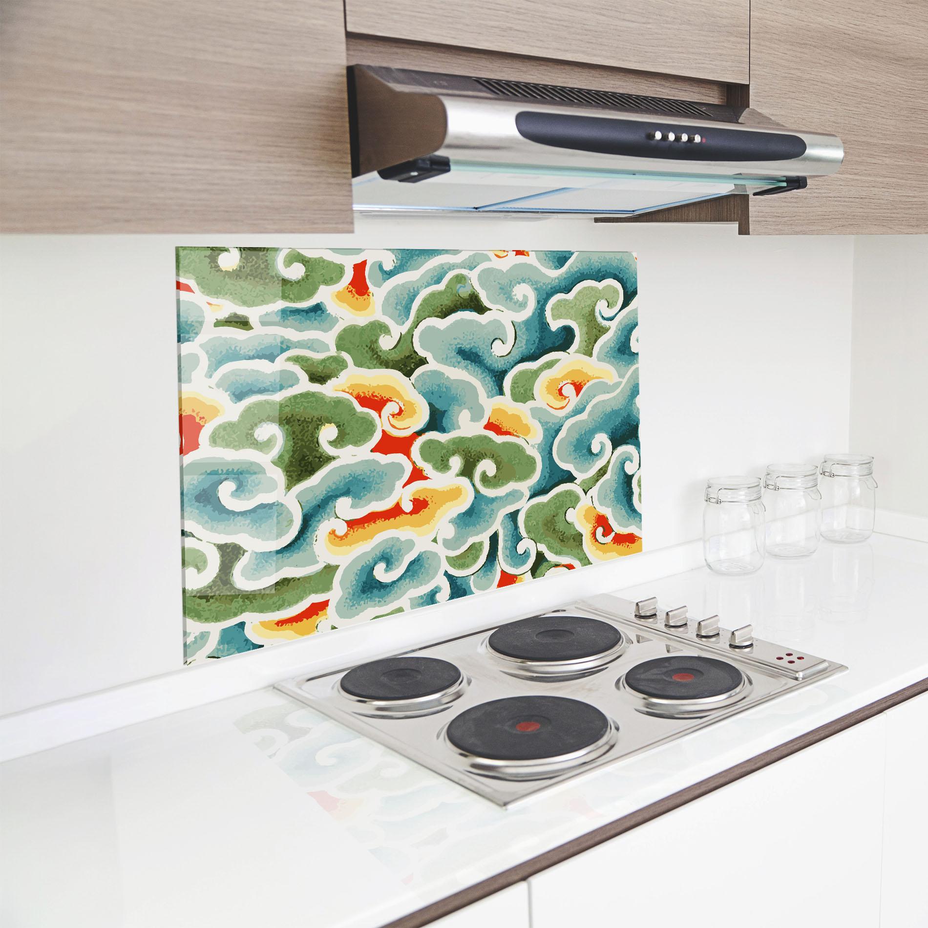 Küchenrückwand Glas Green Blue Clouds mockup 8
