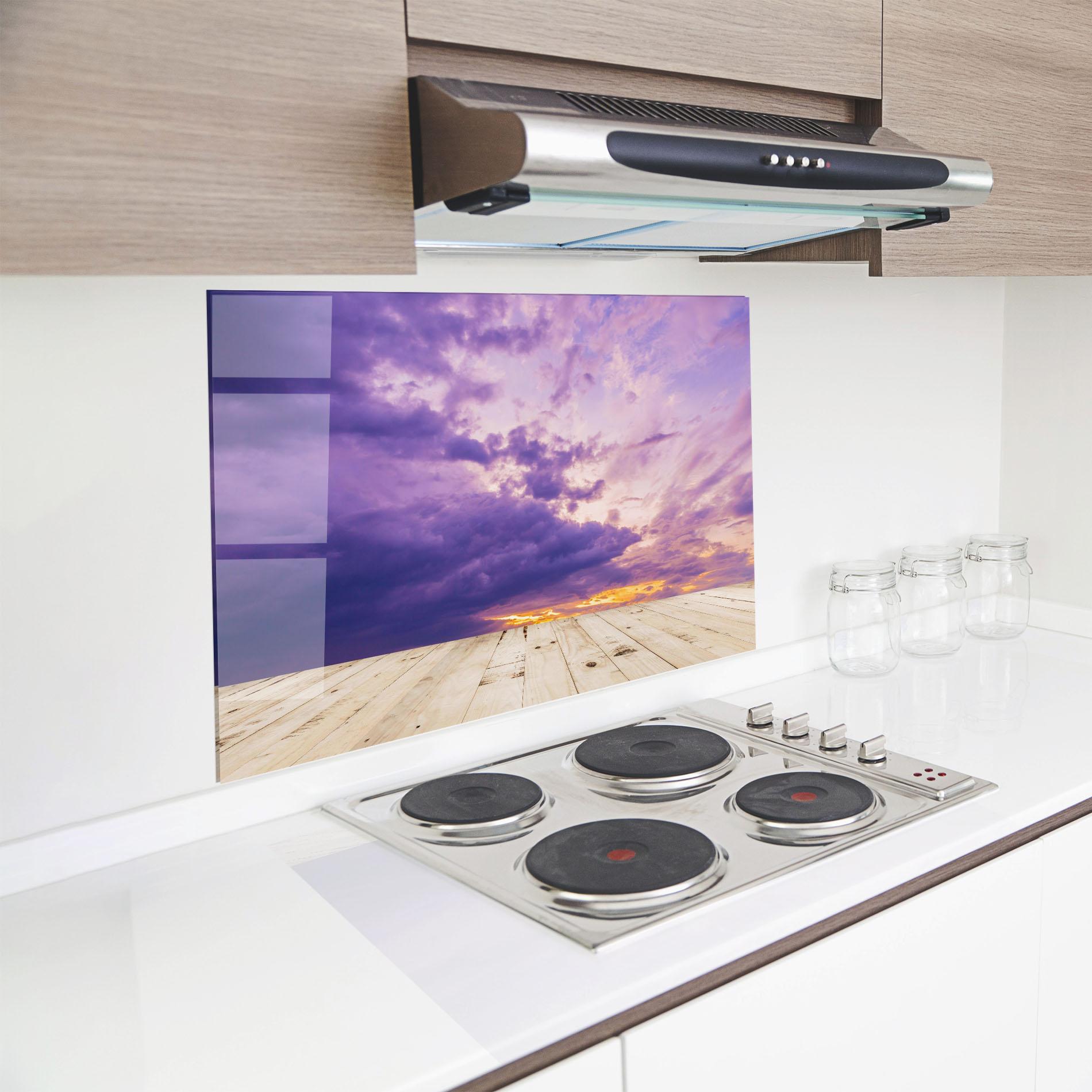 Küchenrückwand Glas Wood Table Clouds mockup 8