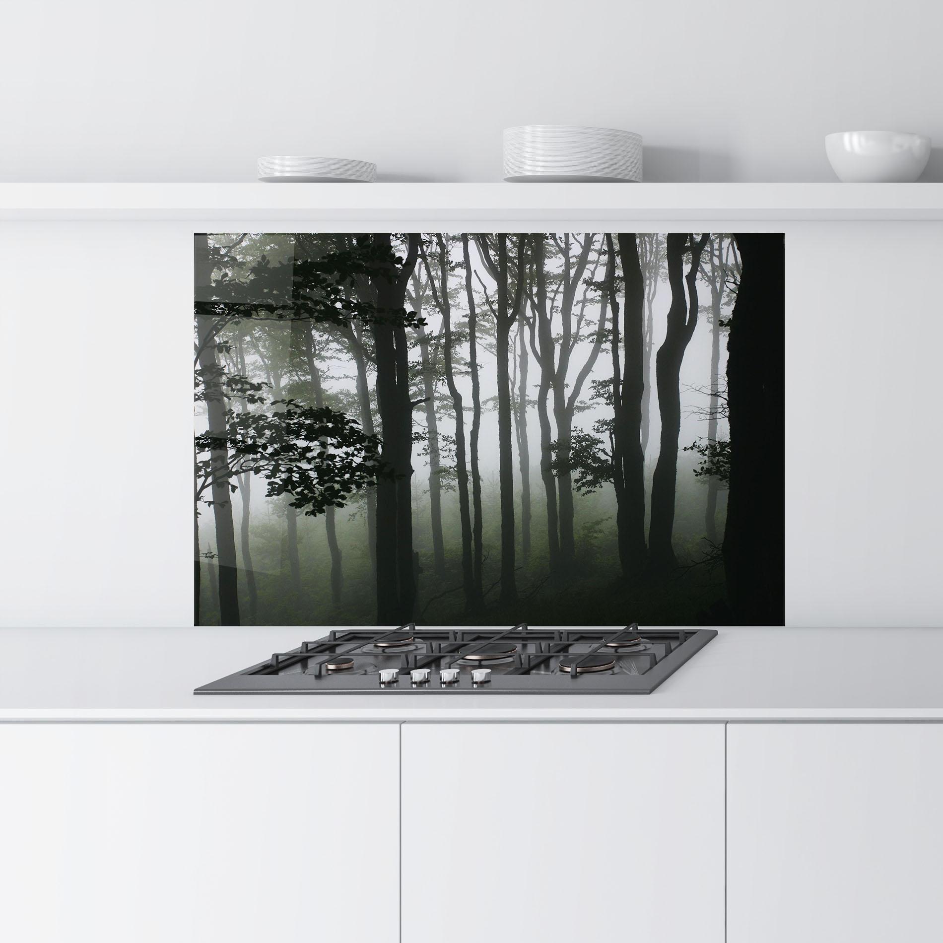 Küchenrückwand Glas Foggy Black Tree mockup 9
