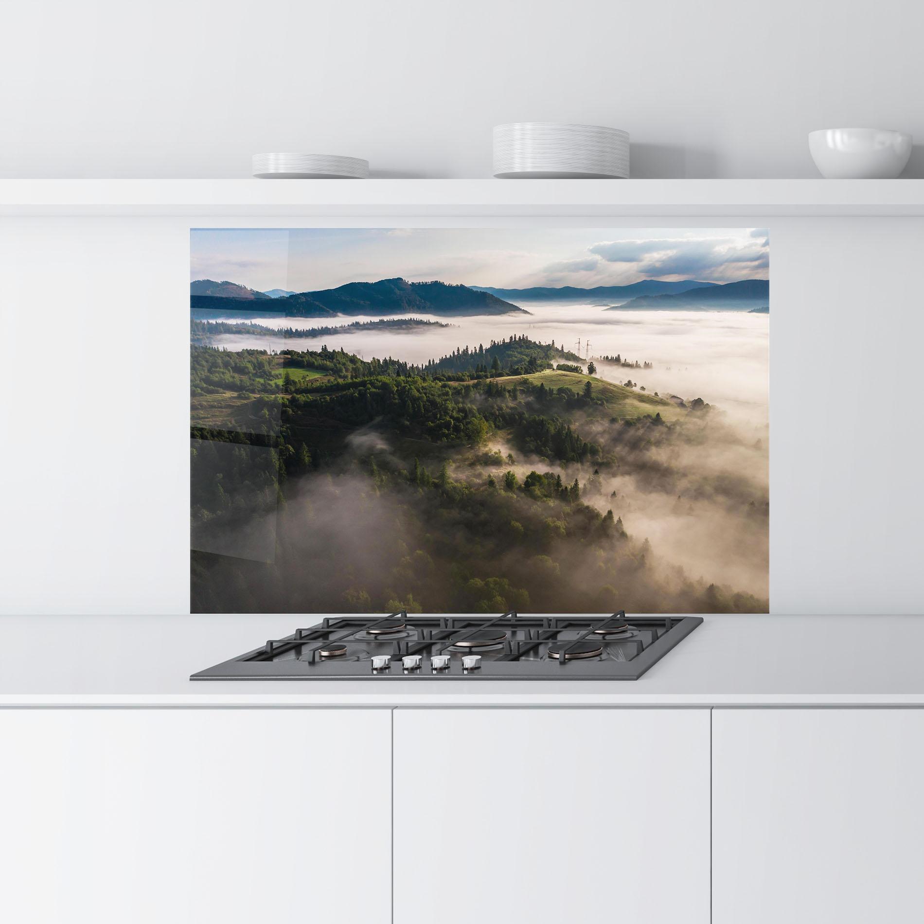 Küchenrückwand Glas Foggy Forest View mockup 9