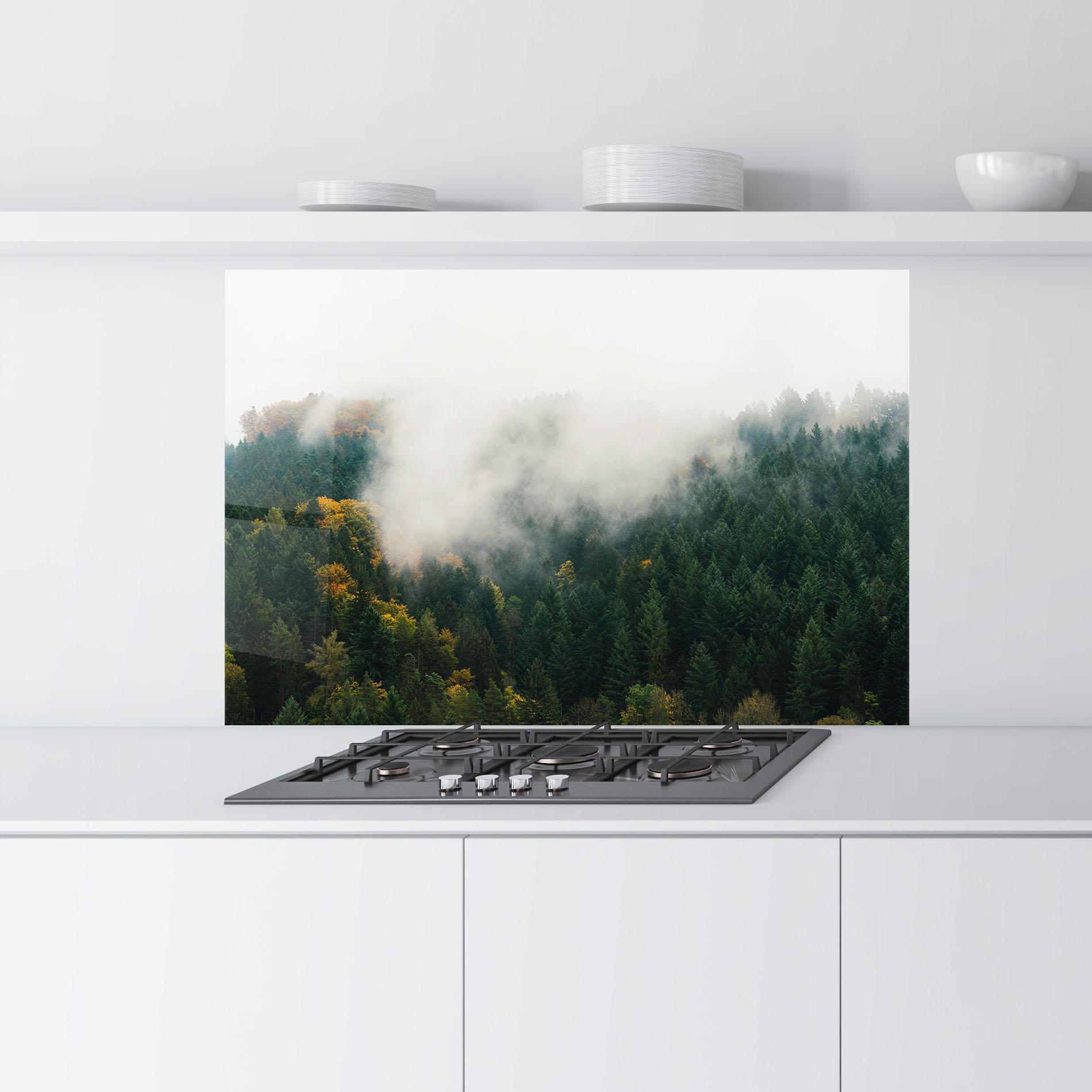 Küchenrückwand Glas Foggy Tree Forest mockup 9