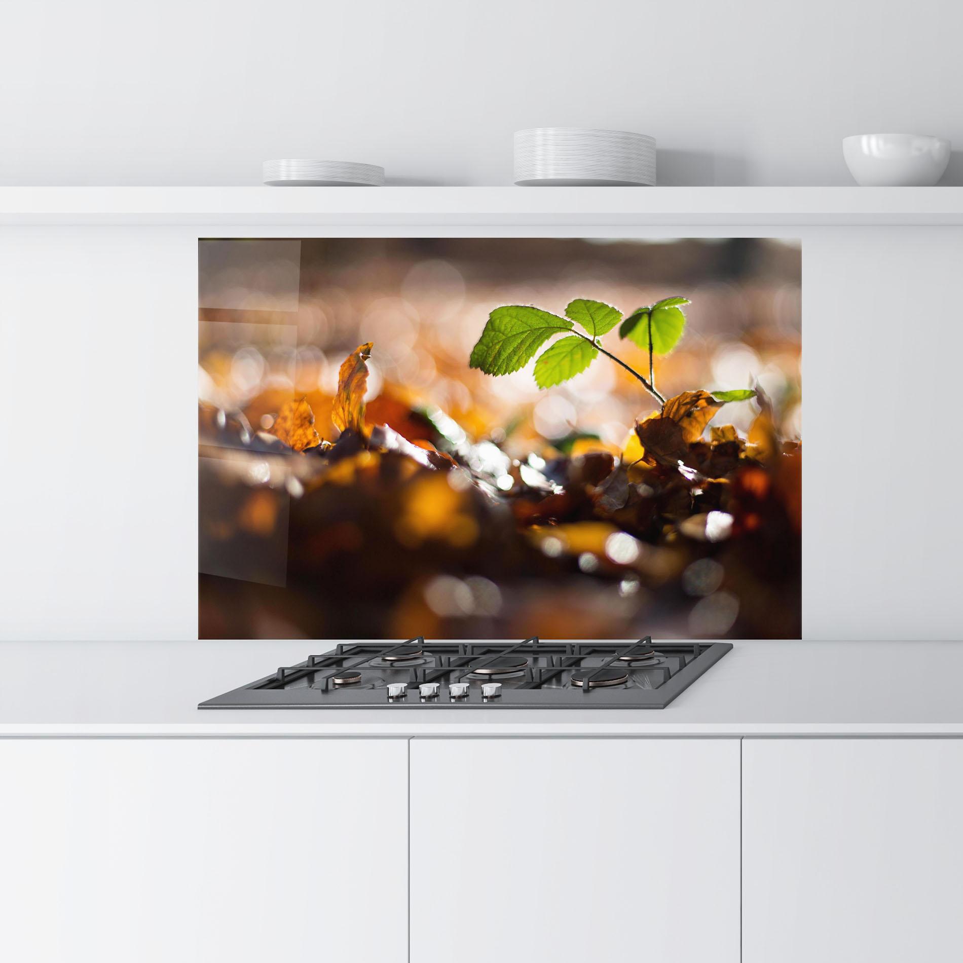 Küchenrückwand Glas Green Leaf Autumn mockup 9