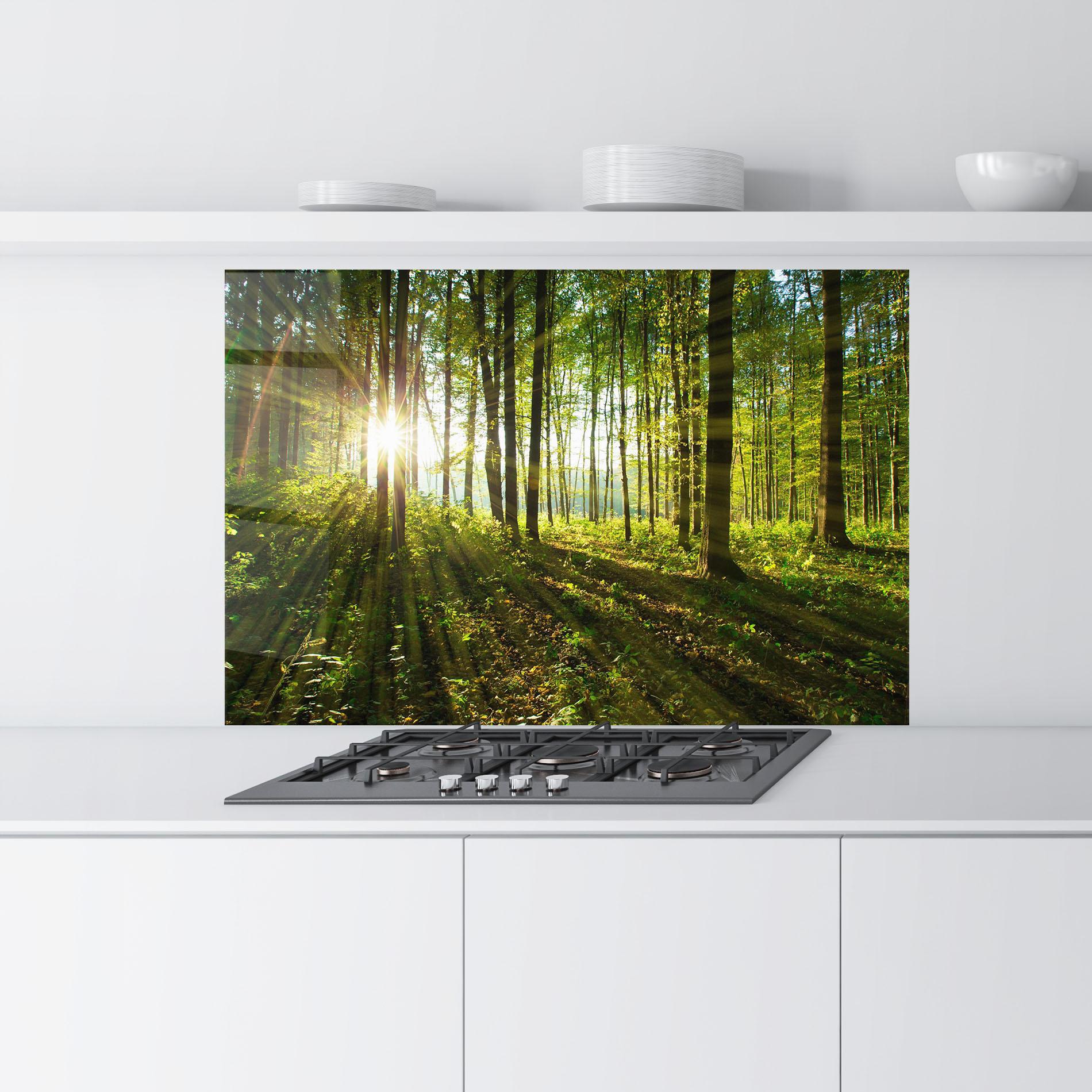 Küchenrückwand Glas Green Light Forest mockup 9