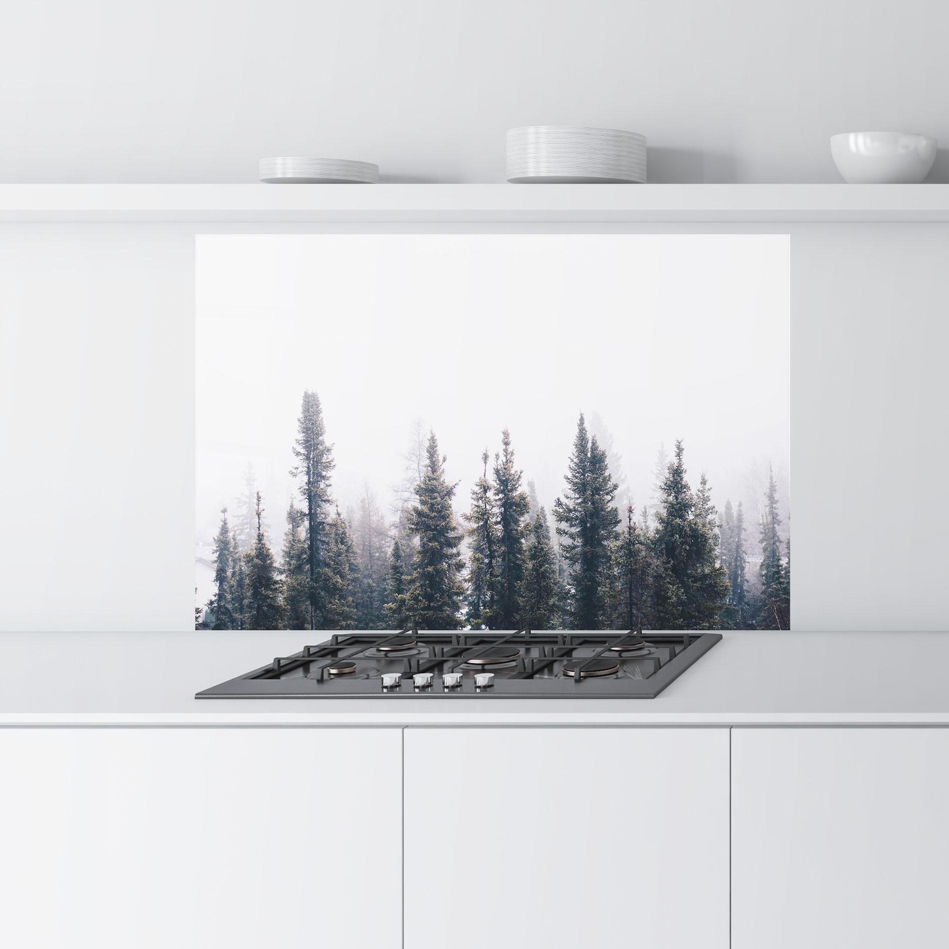 Küchenrückwand Glas Grey Foggy Trees mockup 9