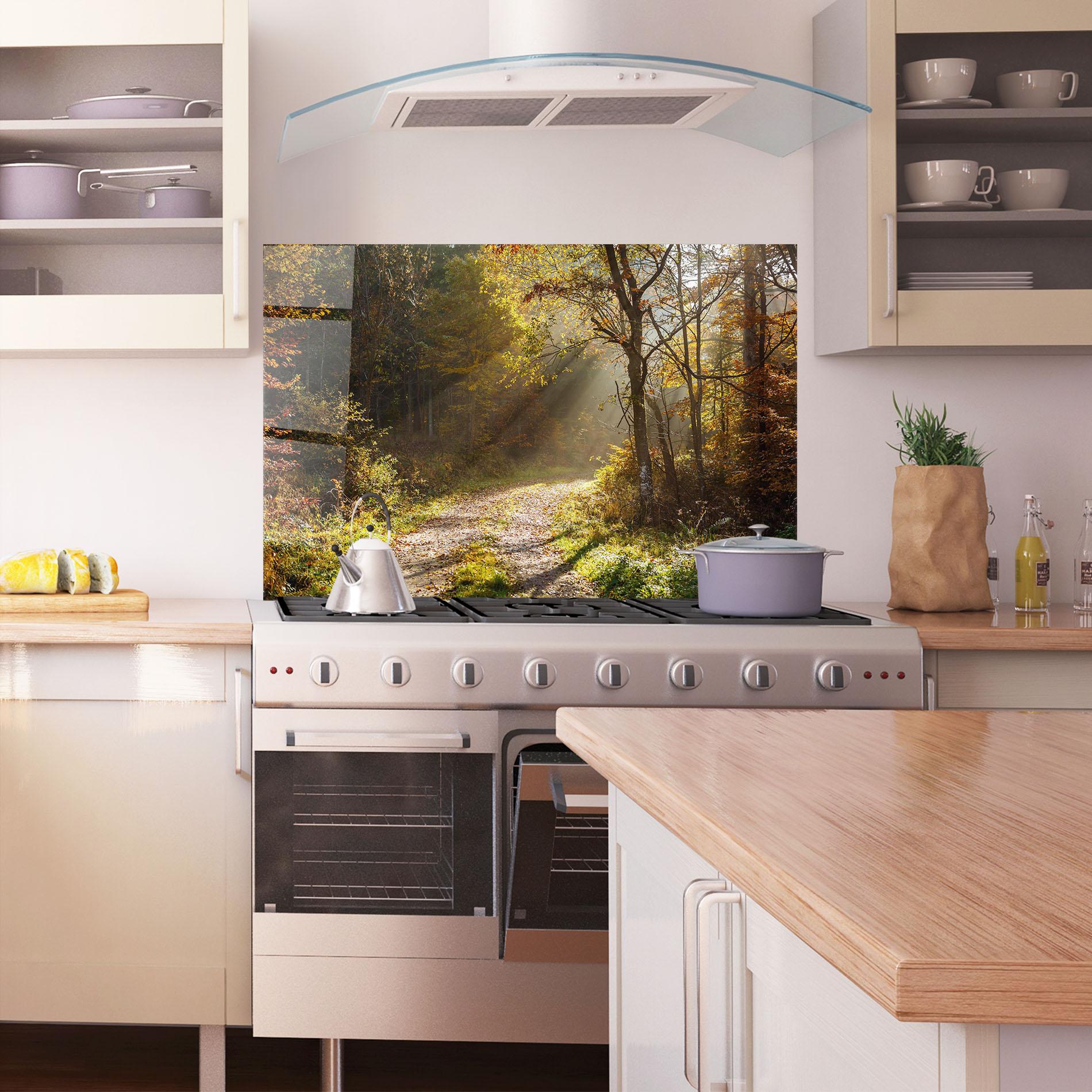 Küchenrückwand Glas Autumn Trees Sun mockup 1