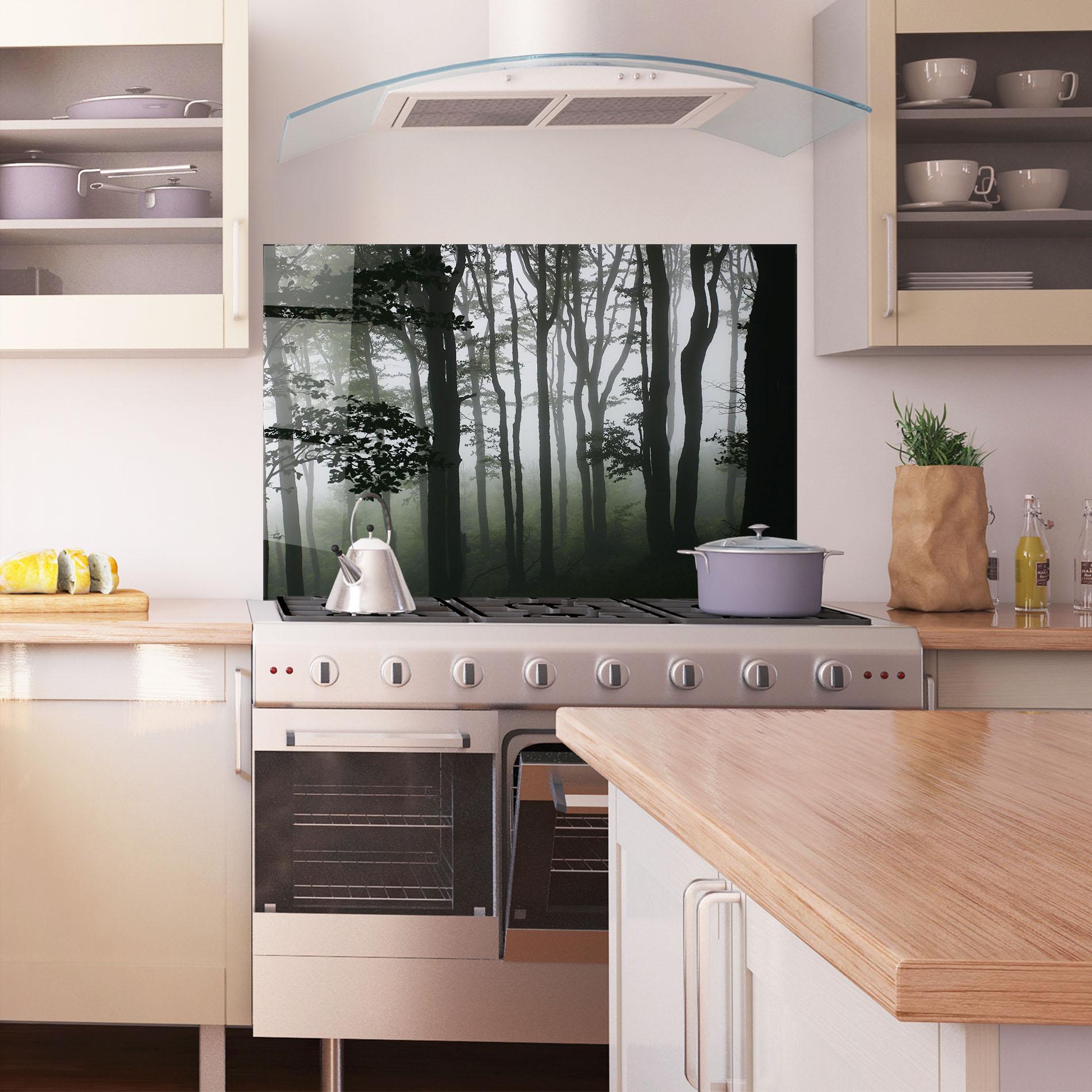 Küchenrückwand Glas Foggy Black Tree mockup 1