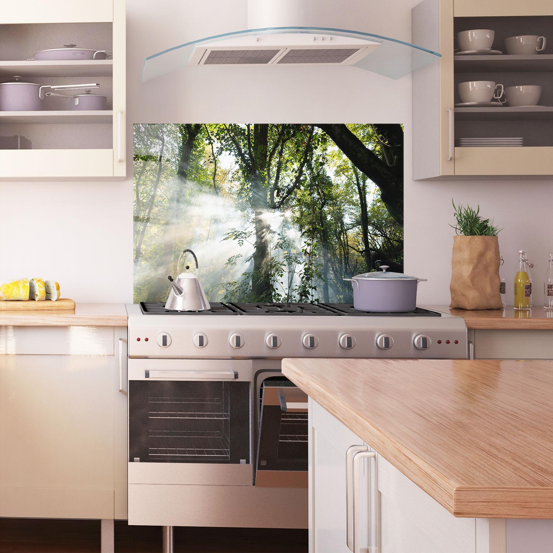 Küchenrückwand Glas Foggy Light Forest mockup 1