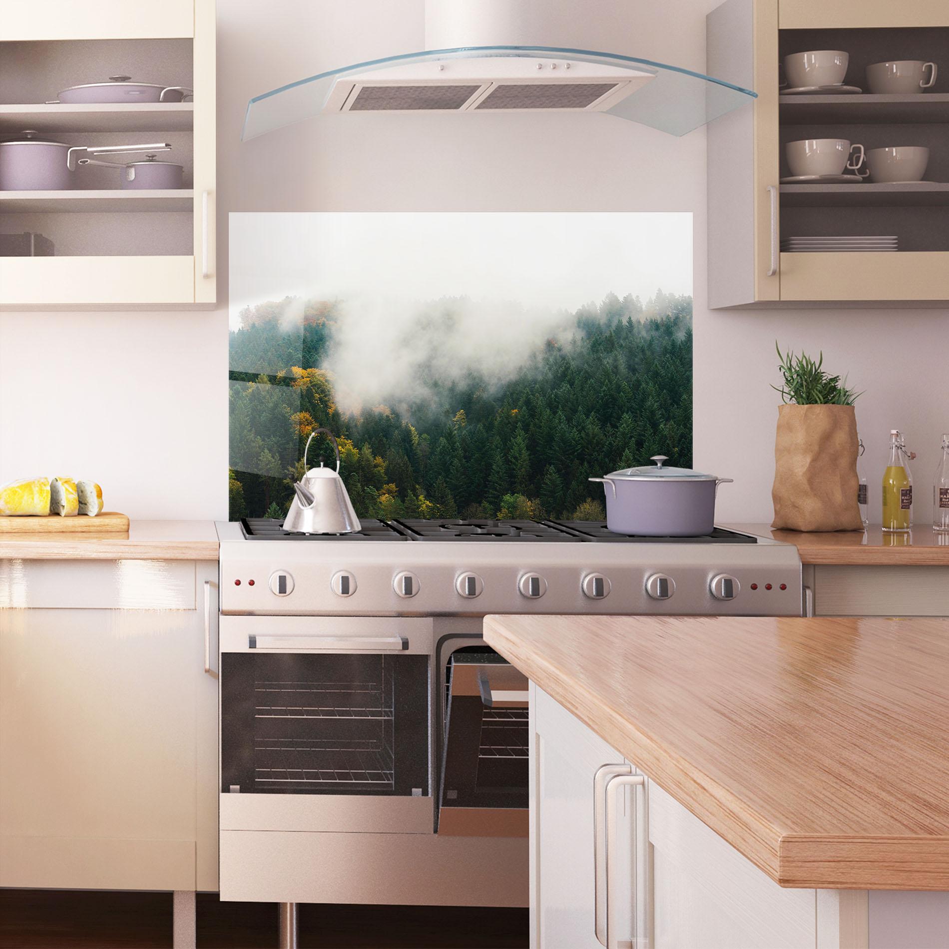Küchenrückwand Glas Foggy Tree Forest mockup 1