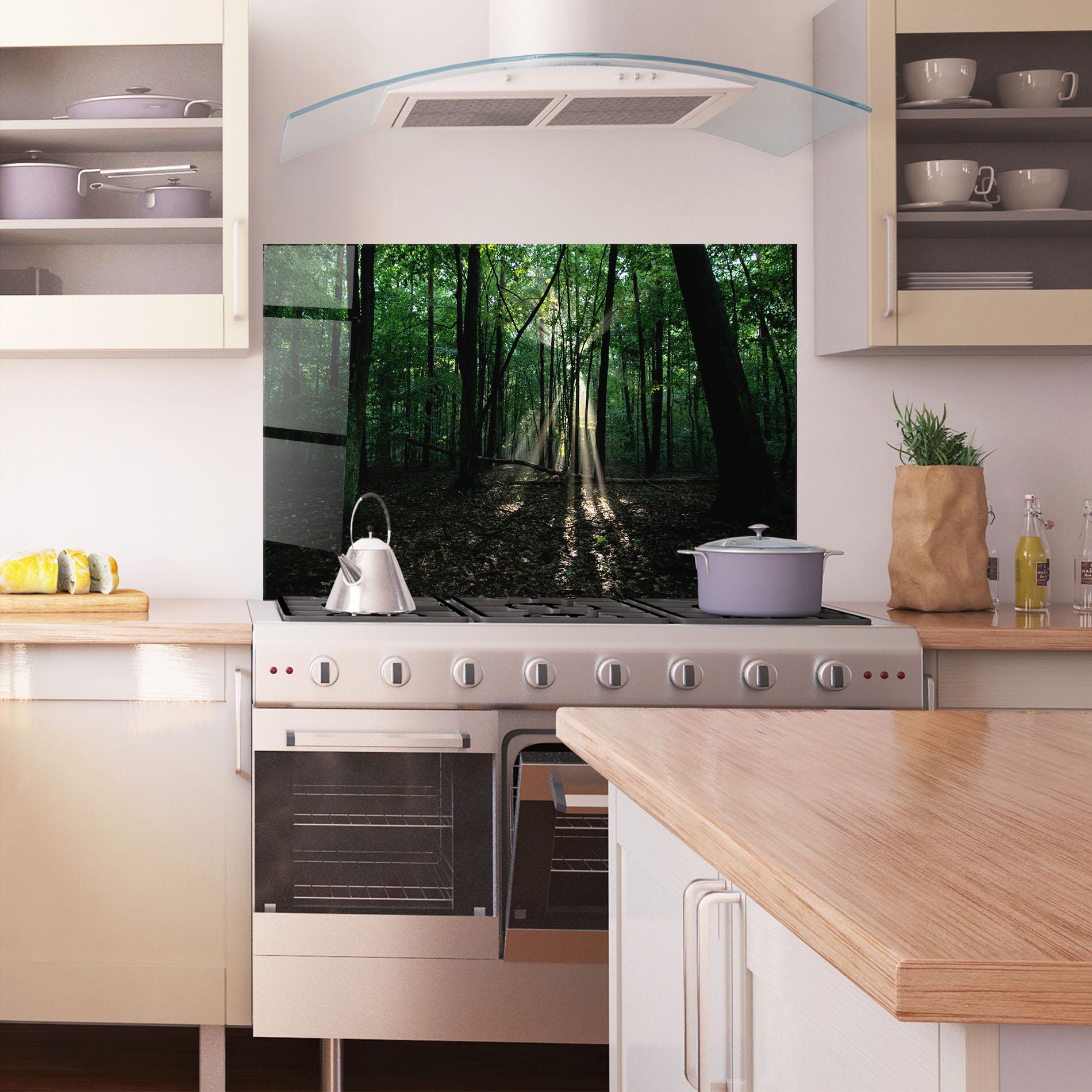 Küchenrückwand Glas Forest Sun Light mockup 1
