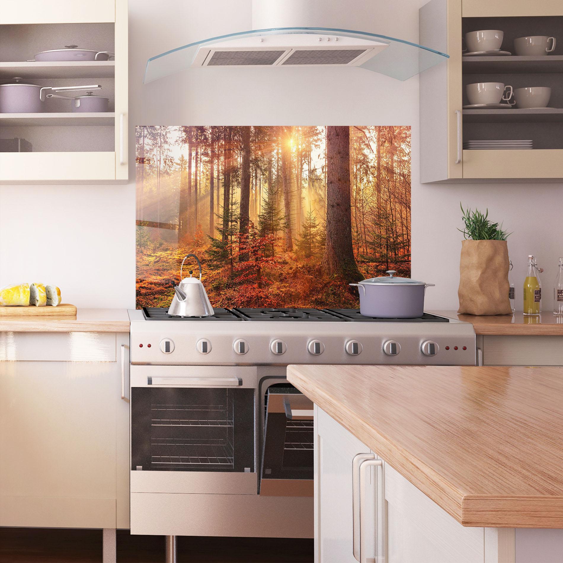 Küchenrückwand Glas Orange Light Forest mockup 1