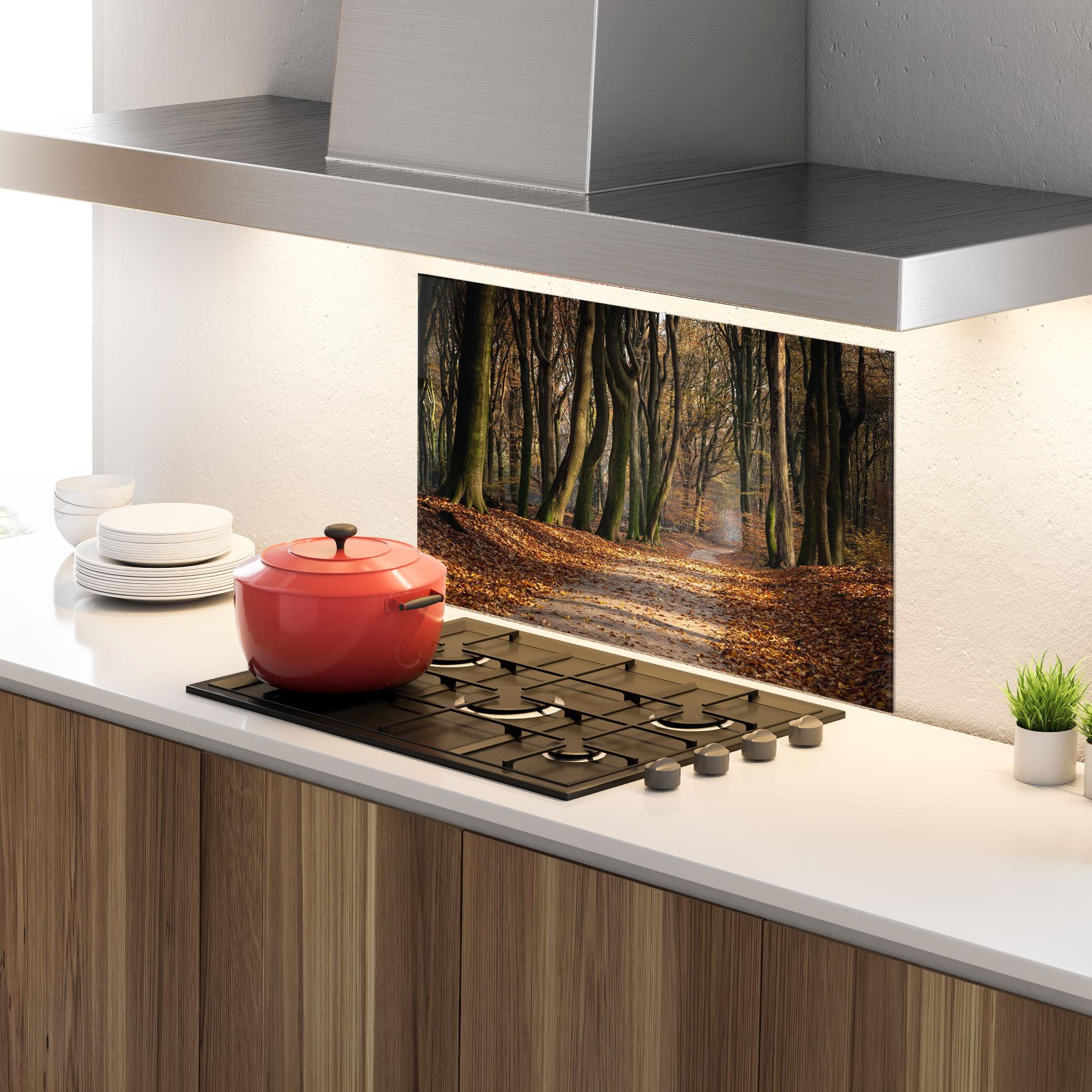 Küchenrückwand Glas Autumn Path Forest mockup 4