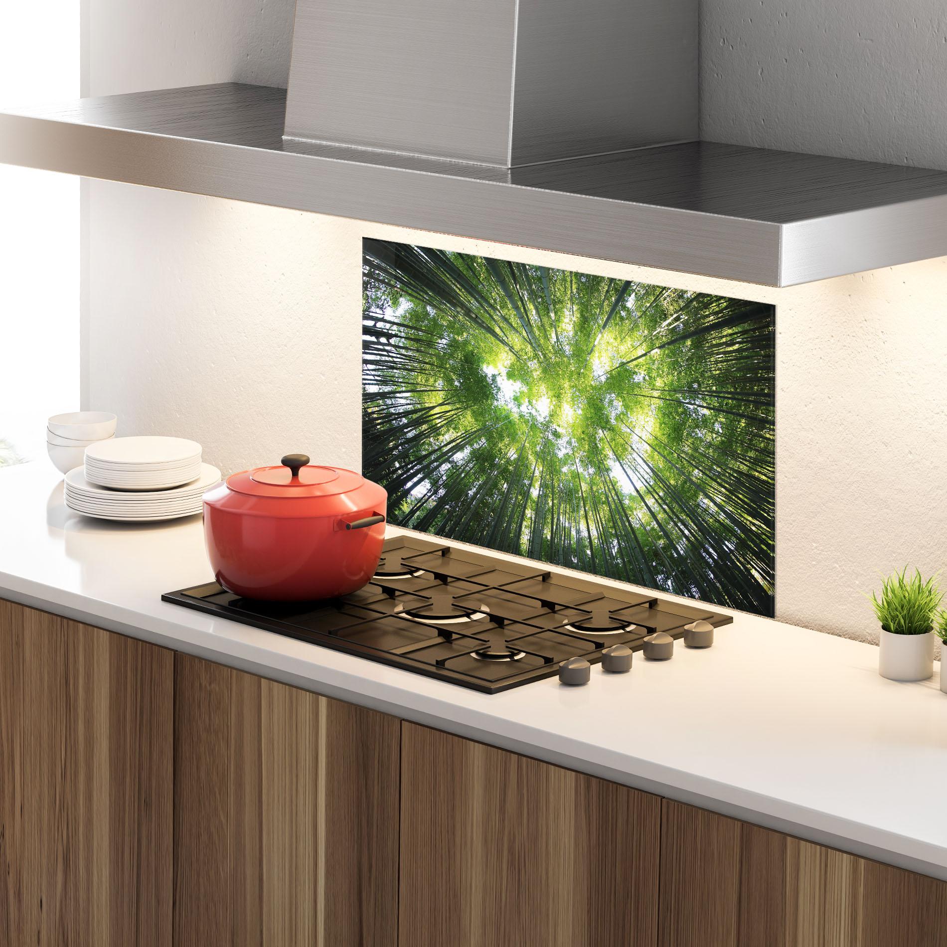 Küchenrückwand Glas Big Trees Morning mockup 4