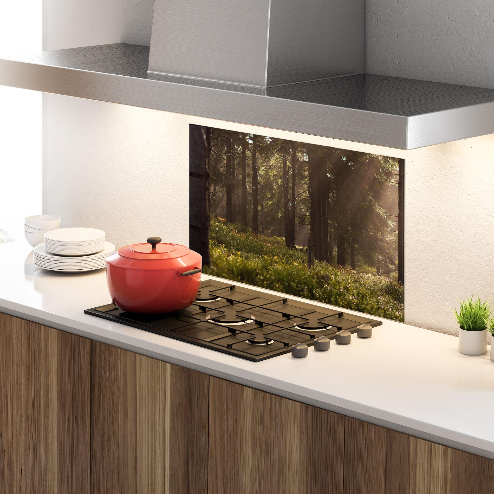 Küchenrückwand Glas Daylight Forest mockup 4