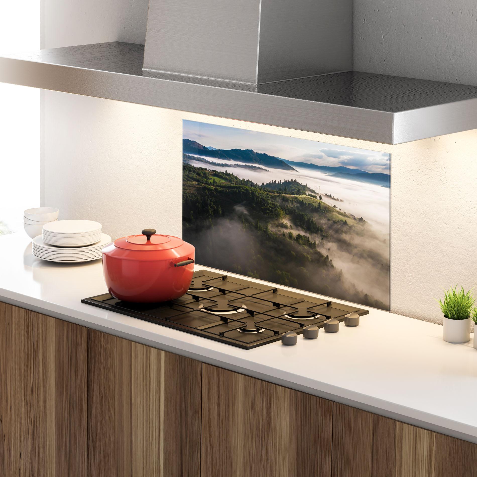 Küchenrückwand Glas Foggy Forest View mockup 4