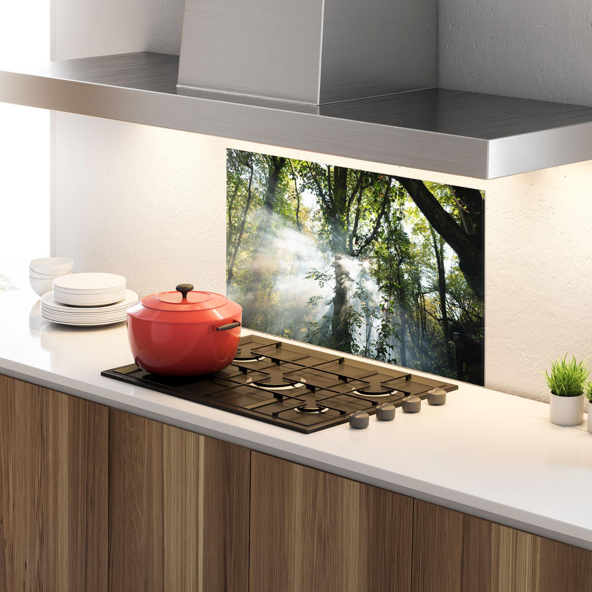 Küchenrückwand Glas Foggy Light Forest mockup 4